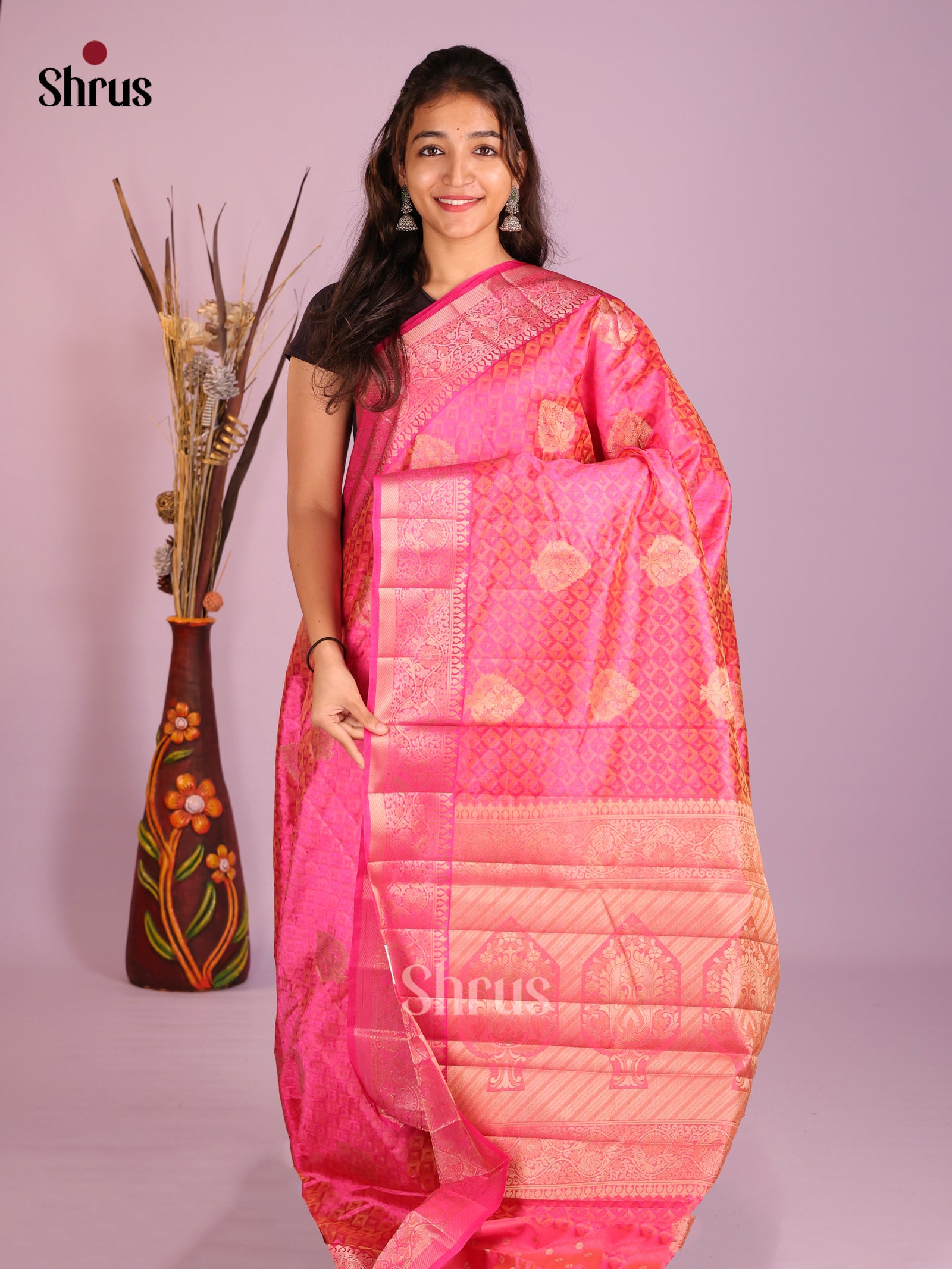 Pink - Semi Rawsilk Saree