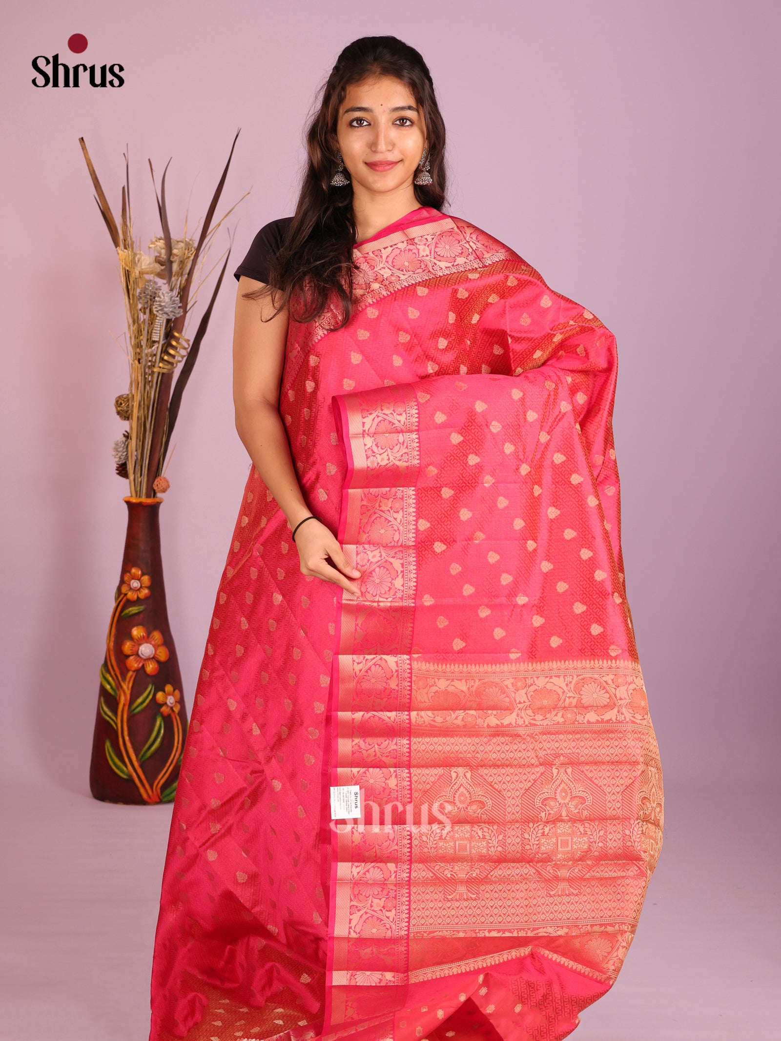 Orangish Pink - Semi Rawsilk Saree