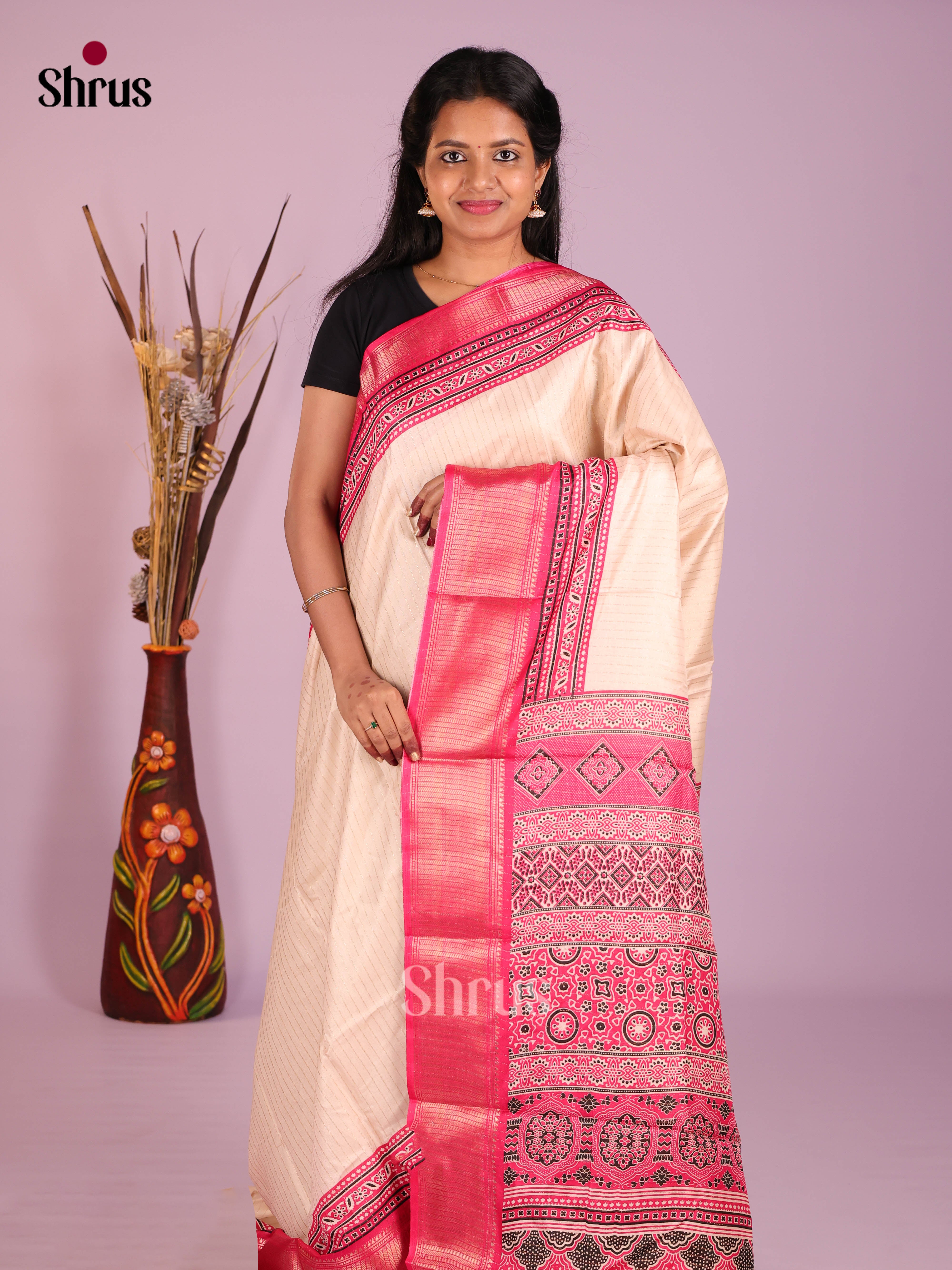 Cream & Pink - Semi Crepe Saree