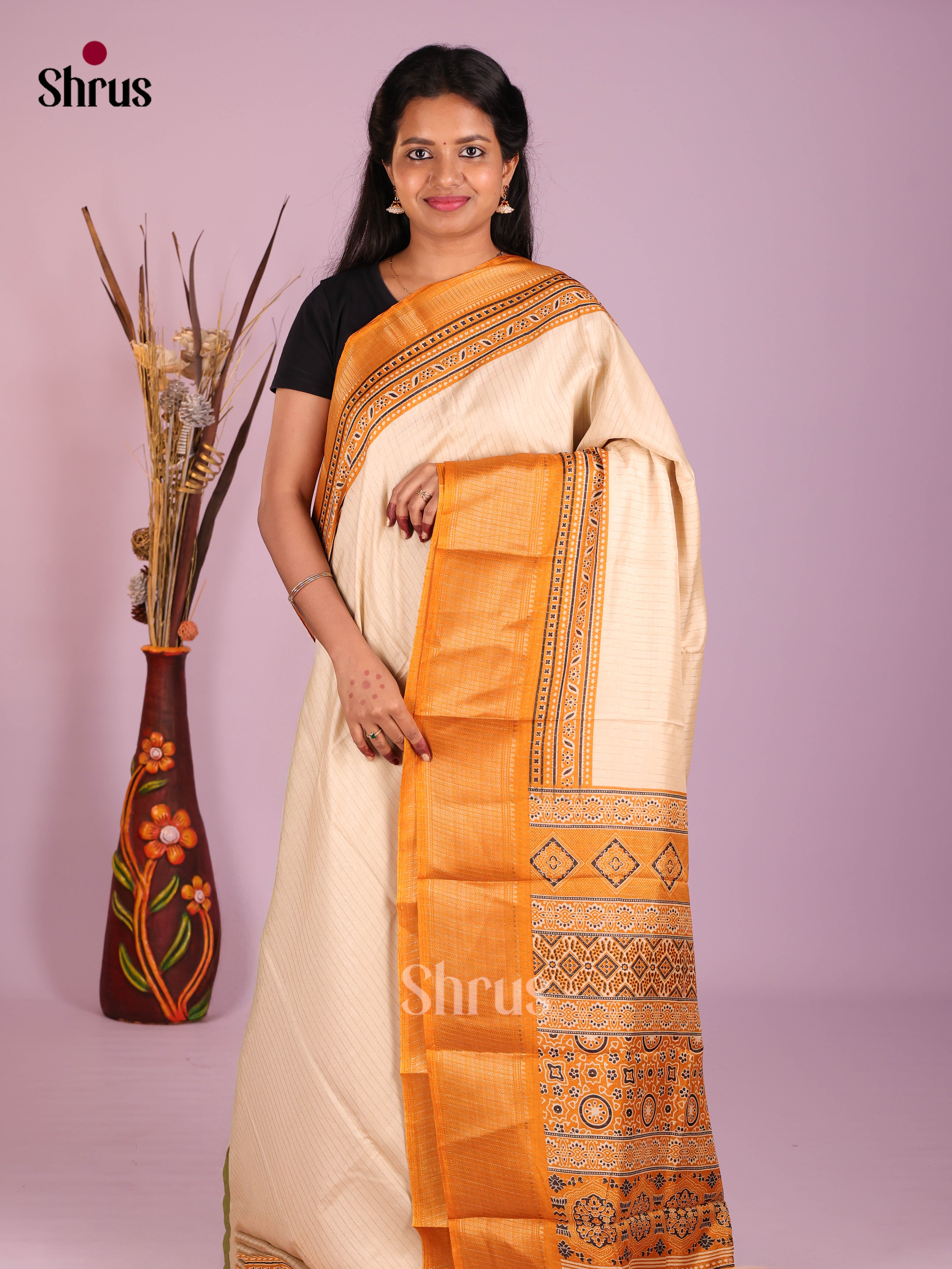 Cream & Mustard - Semi Crepe Saree