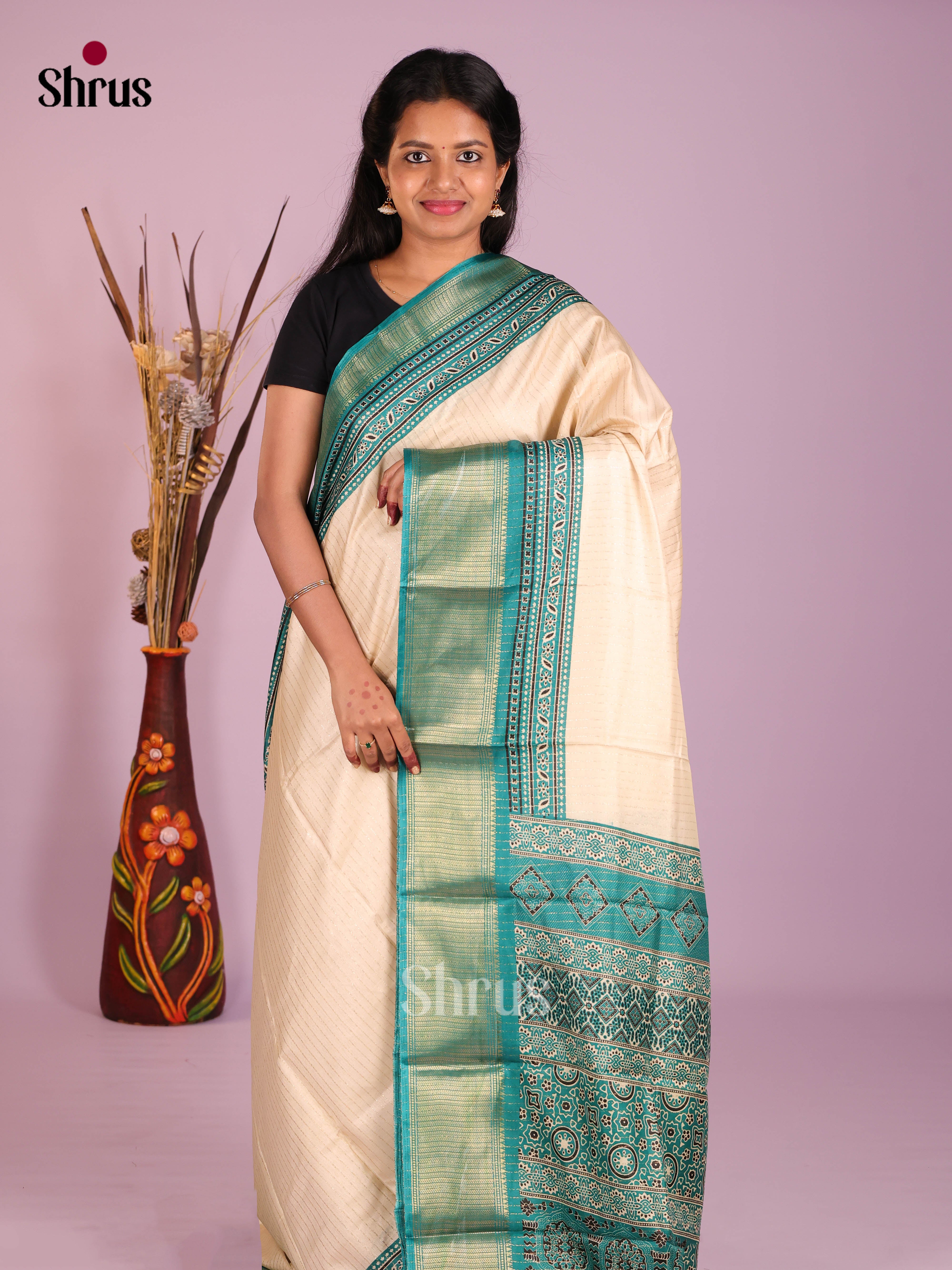 Cream & Green - Semi Crepe Saree