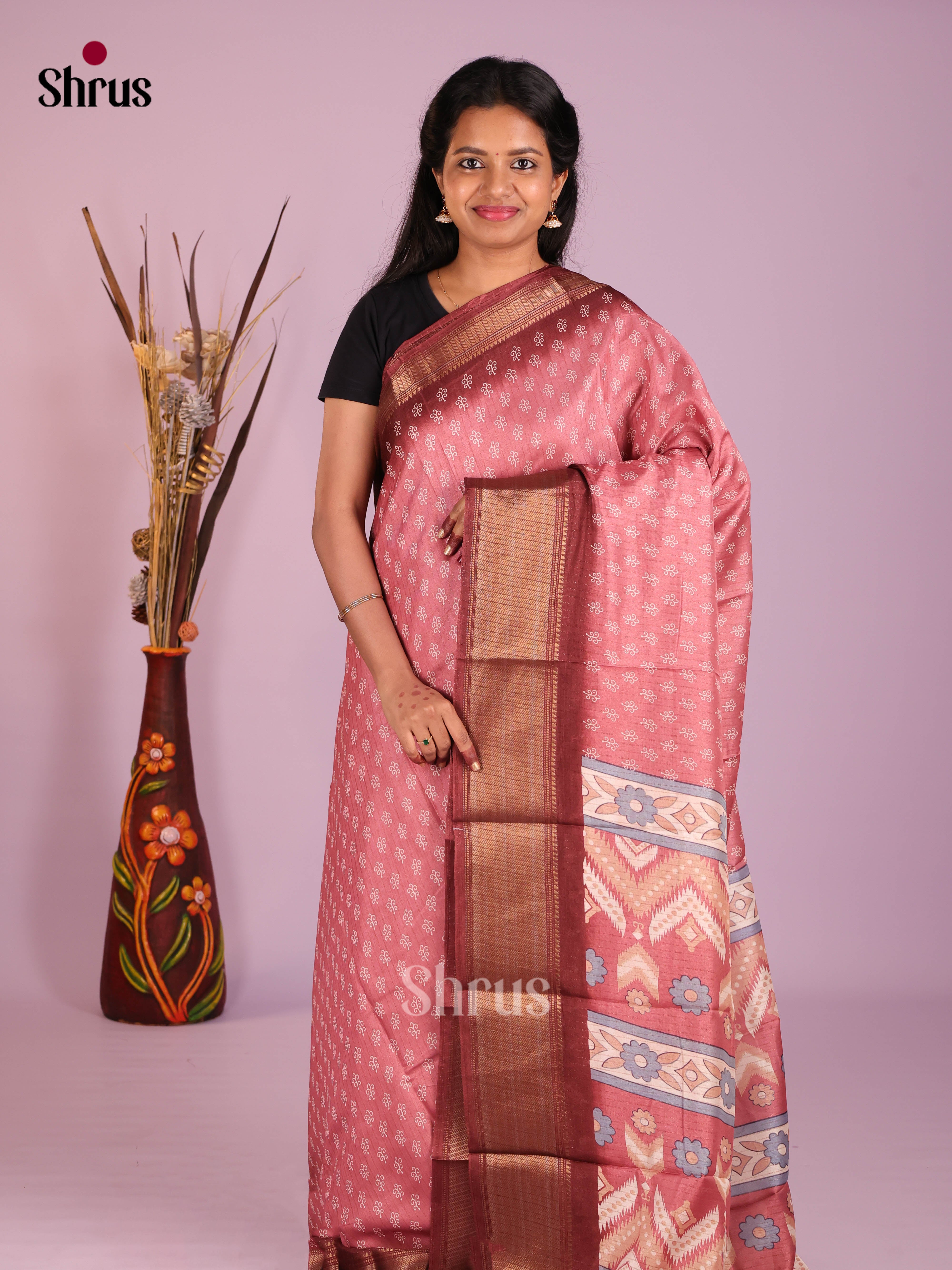 Pink & Maroon - Semi Crepe Saree - Shop on Shrus.com
