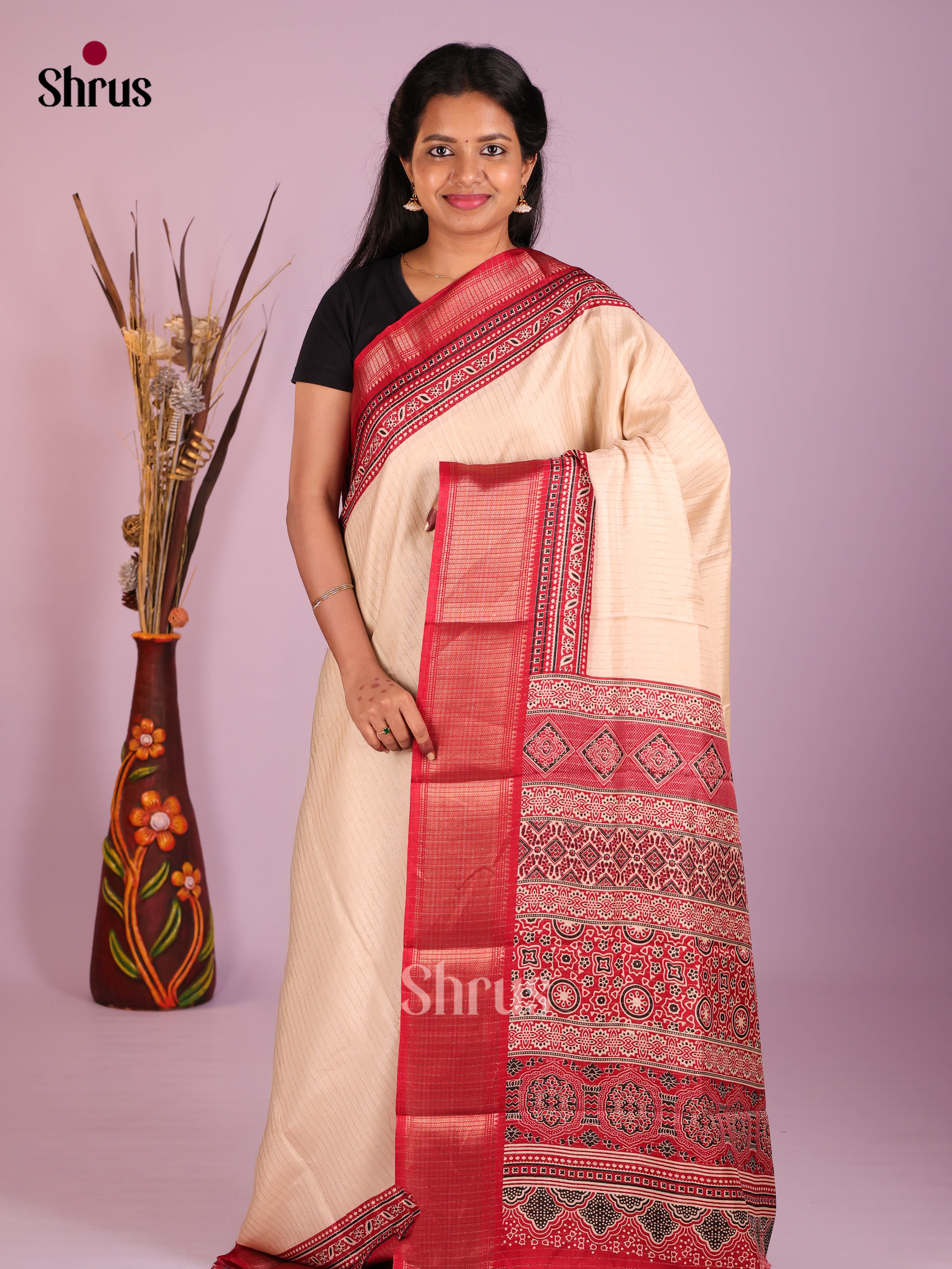 Cream & Red - Semi Crepe Saree