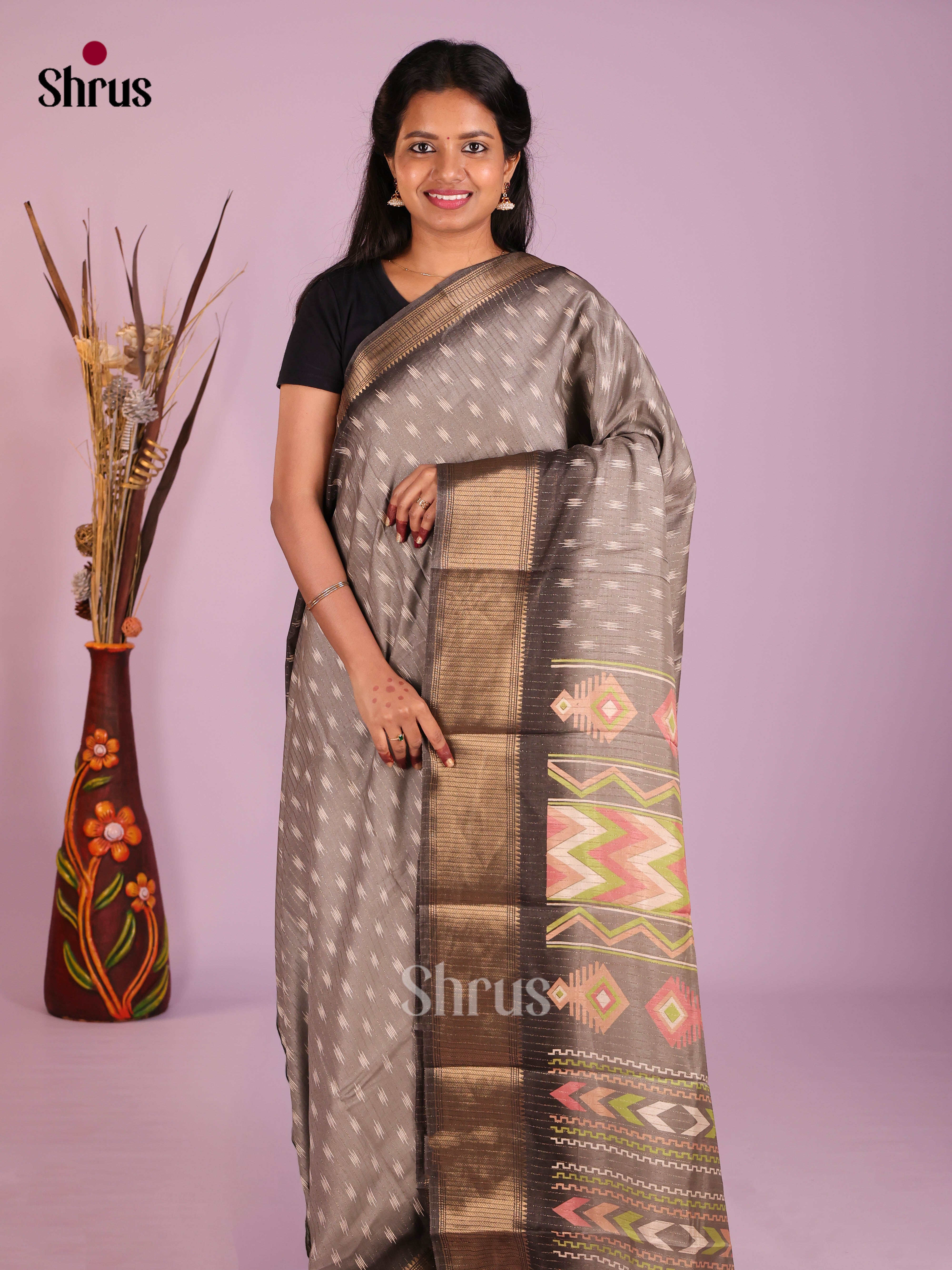 Grey & Black - Semi Crepe Saree - Shop on Shrus.com