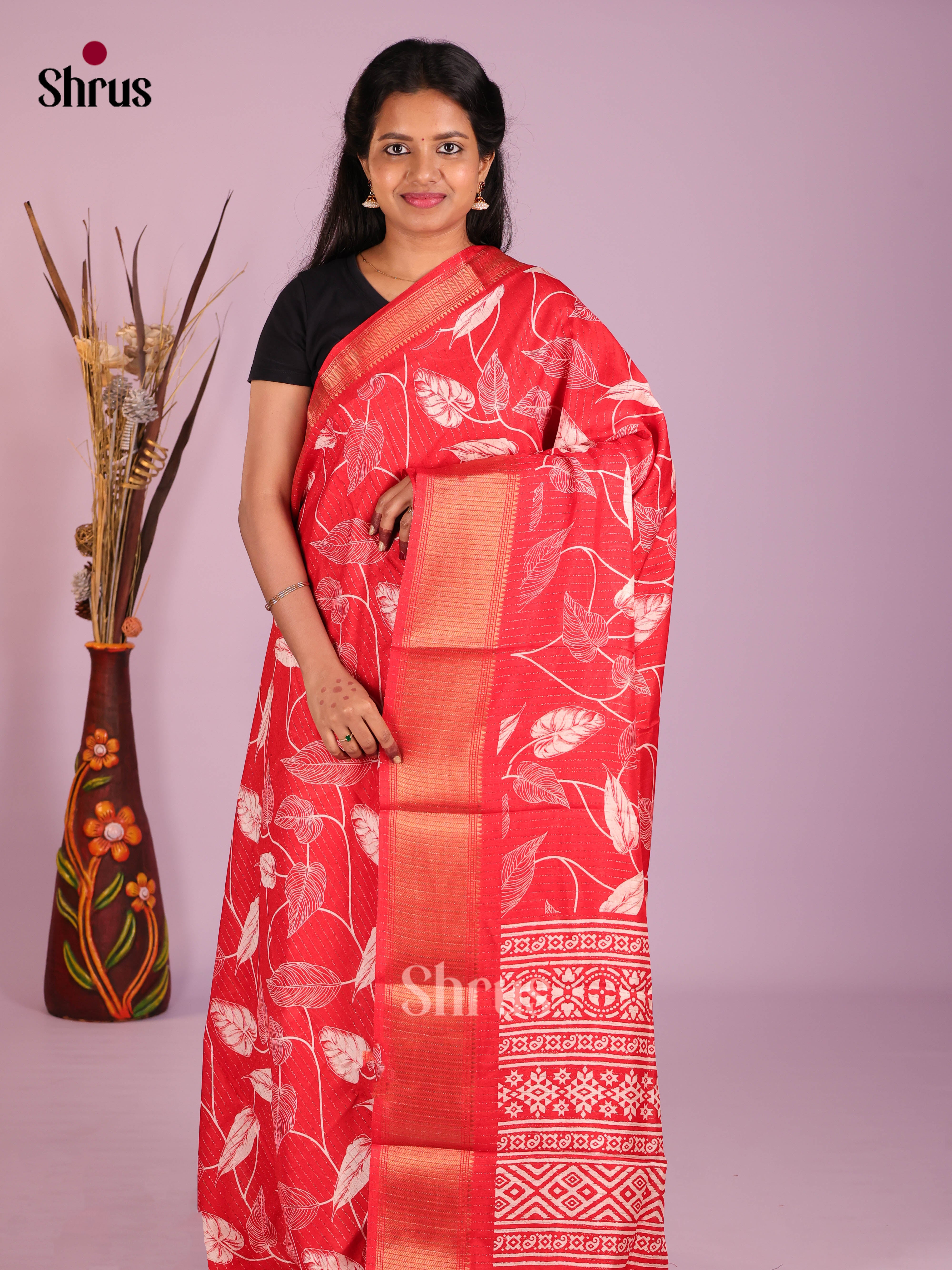 Red - Semi Crepe Saree