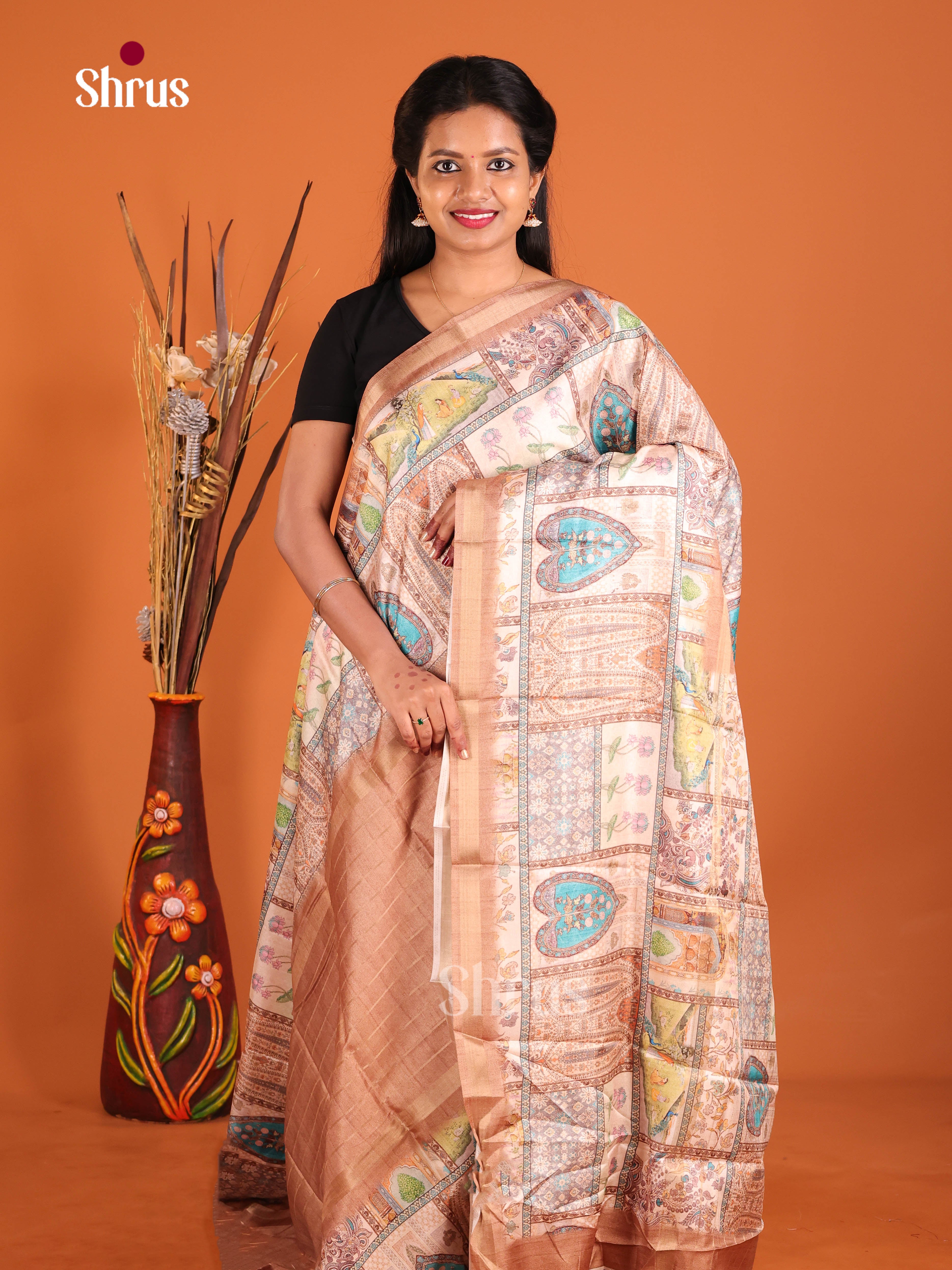 Brown & Cream - Semi matka Saree