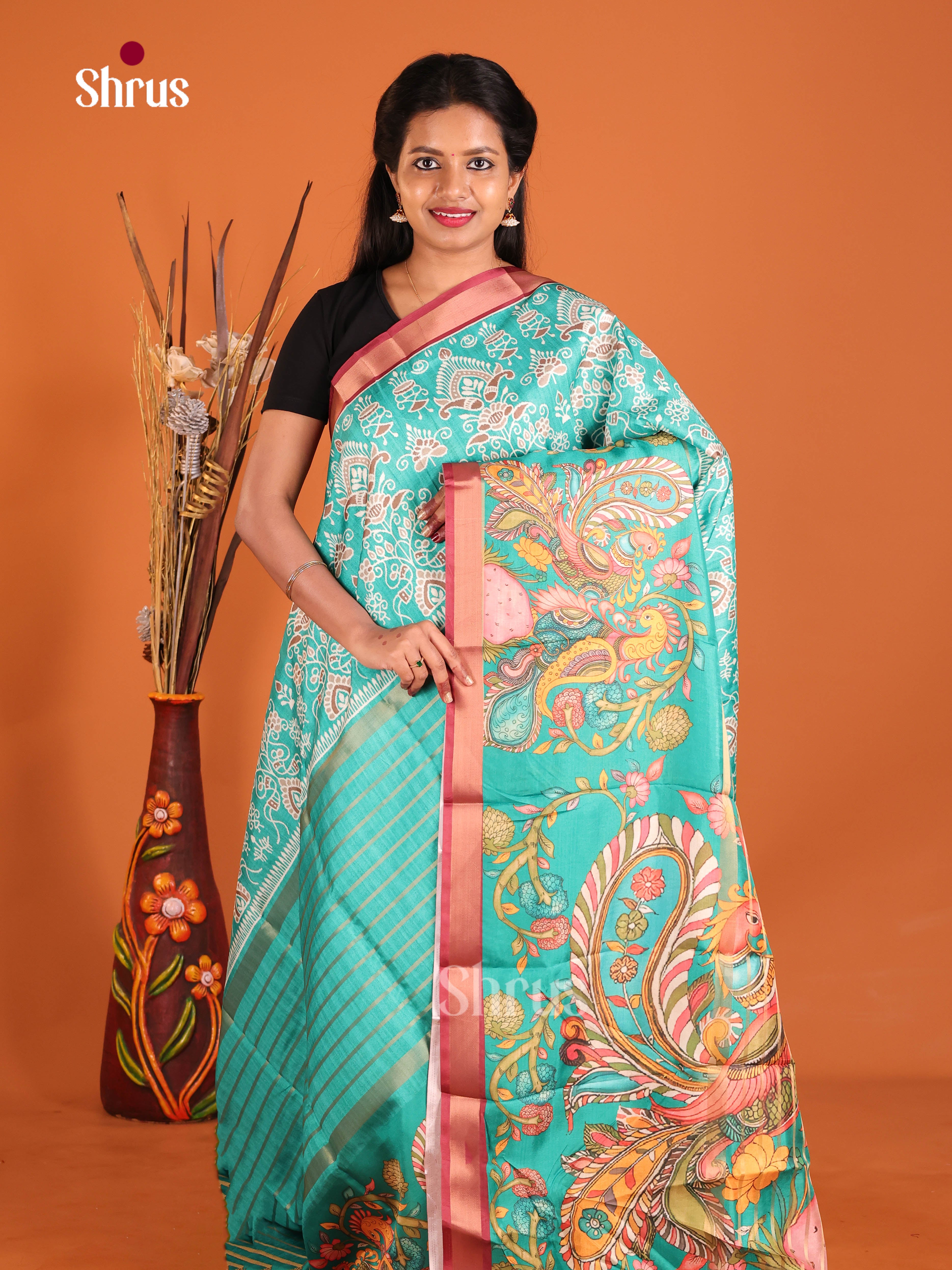 Pastel Green & Maroon - Semi matka Saree