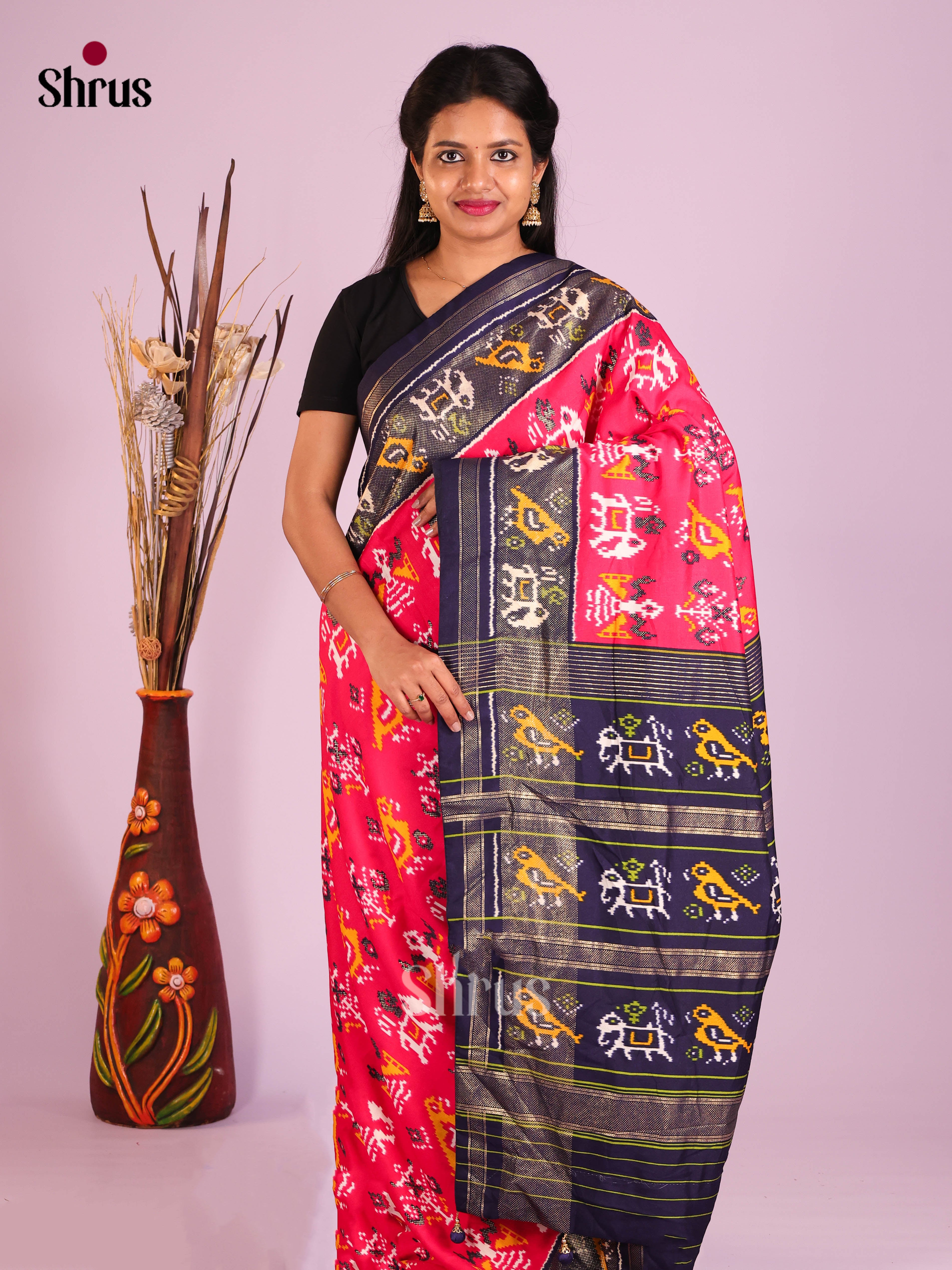 Pink & Blue - Semi Ikkat Print Saree - Shop on Shrus.com