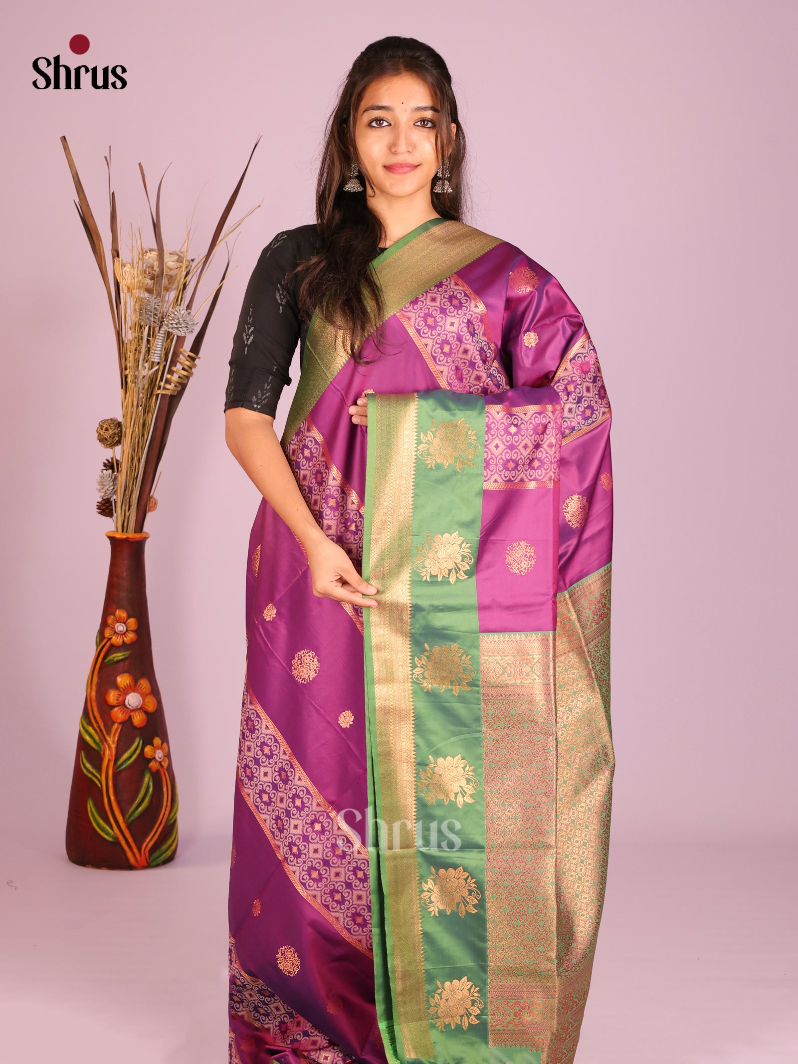 Purple & Green - Semi Softsilk Saree