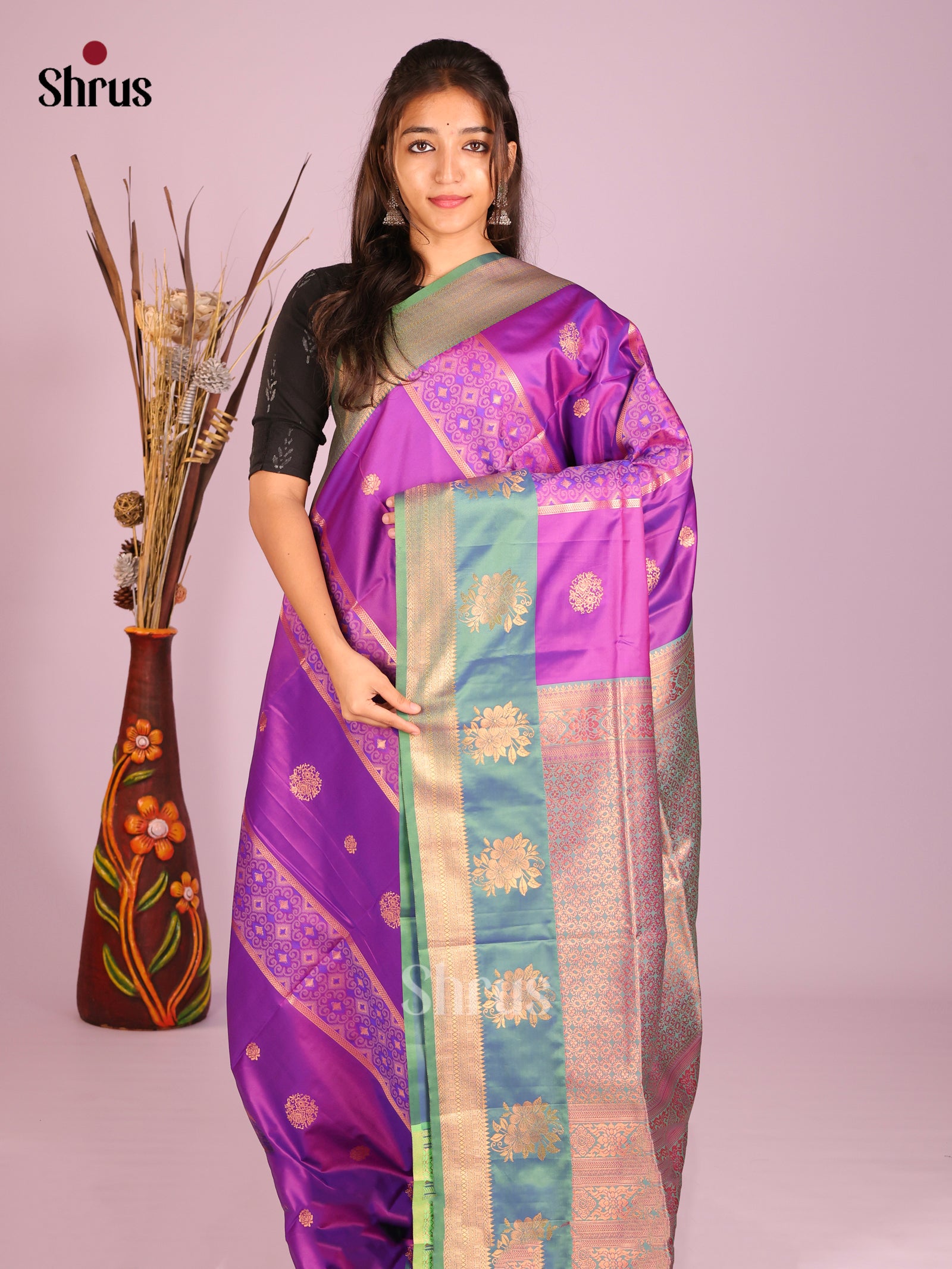 Purple & Green- Semi Softsilk Saree