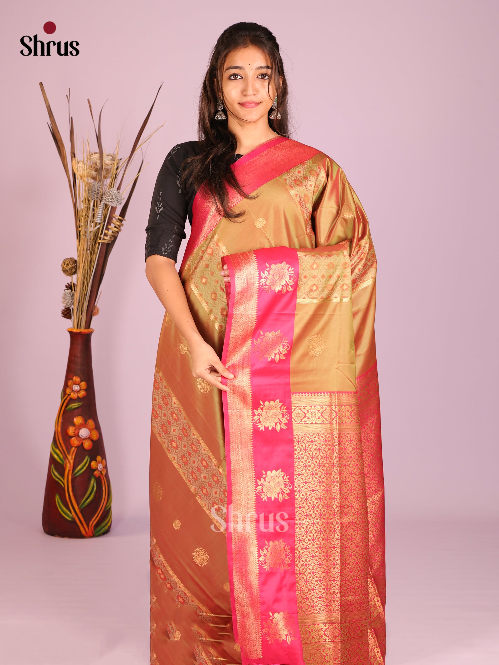 Double Shaded Green & Pink - Semi Softsilk Saree