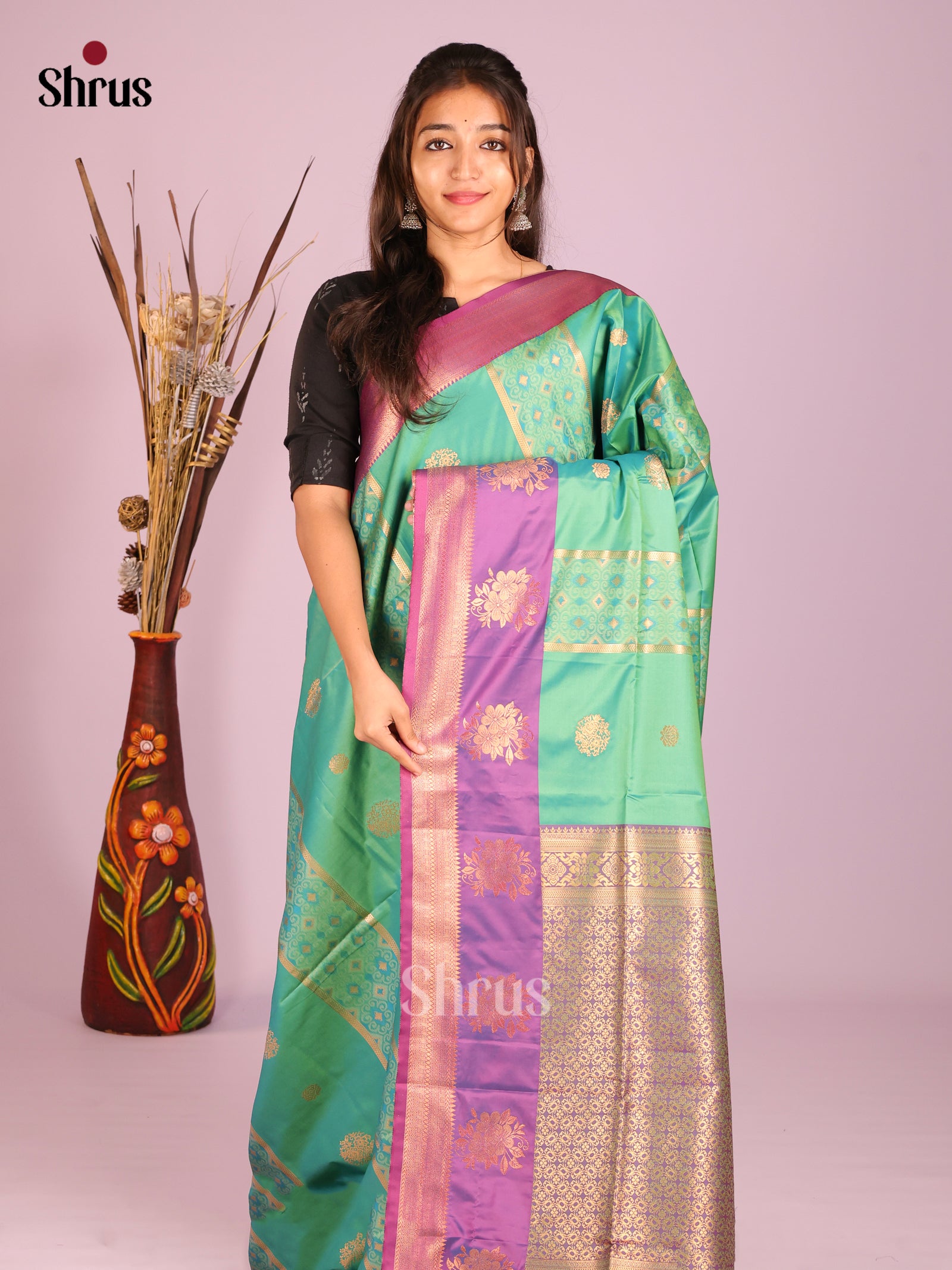 Green & Purple - Semi Softsilk Saree