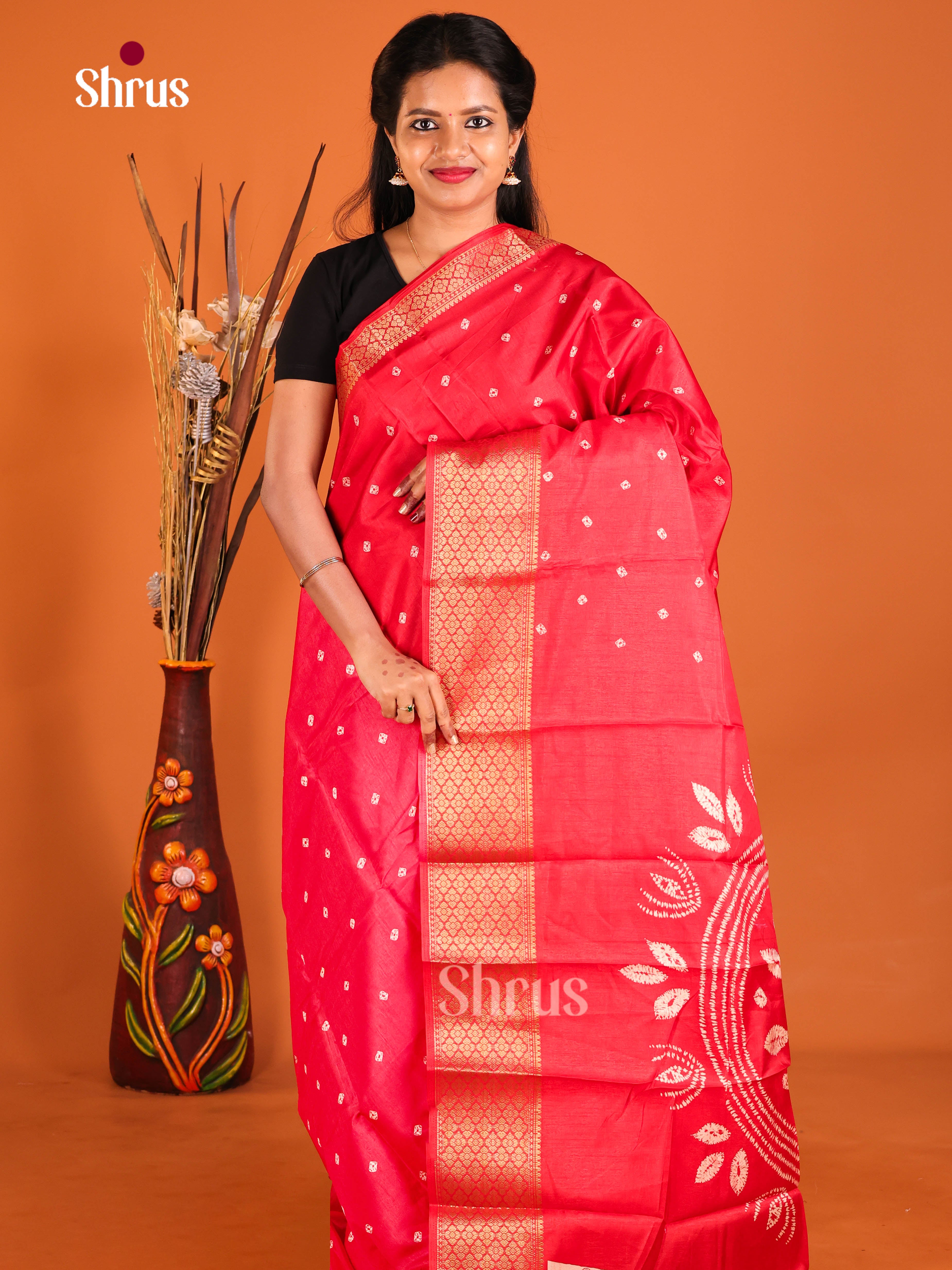Red - Semi Crepe Saree