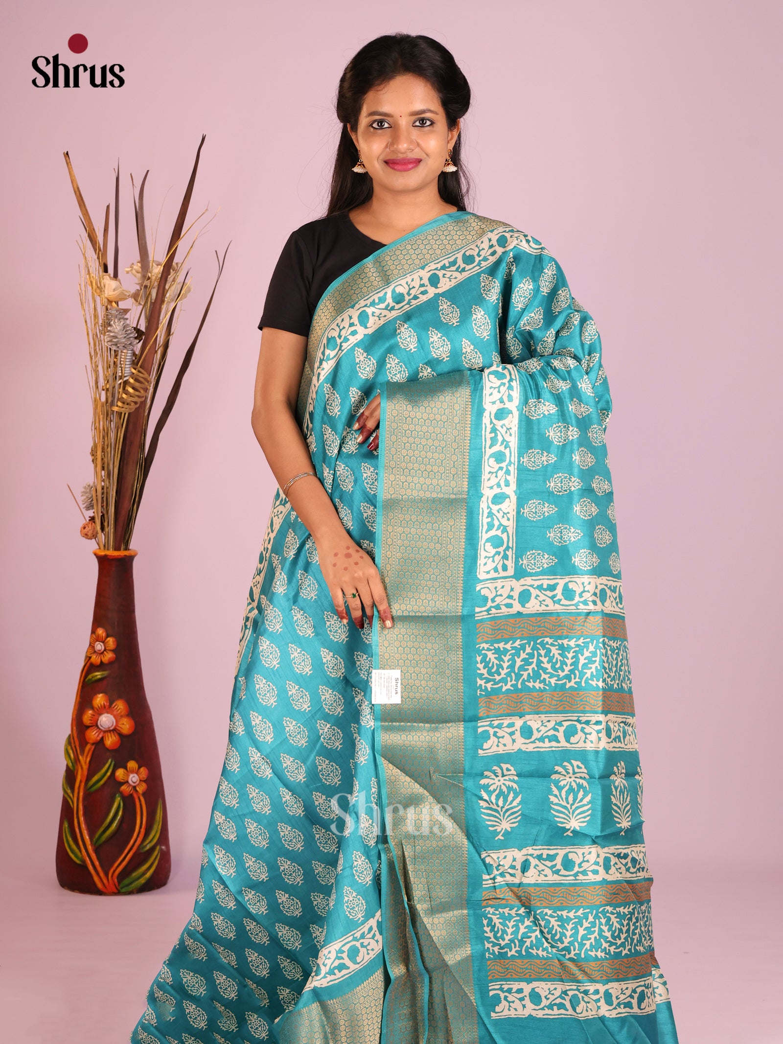 Teal Blue - Semi Crepe Saree