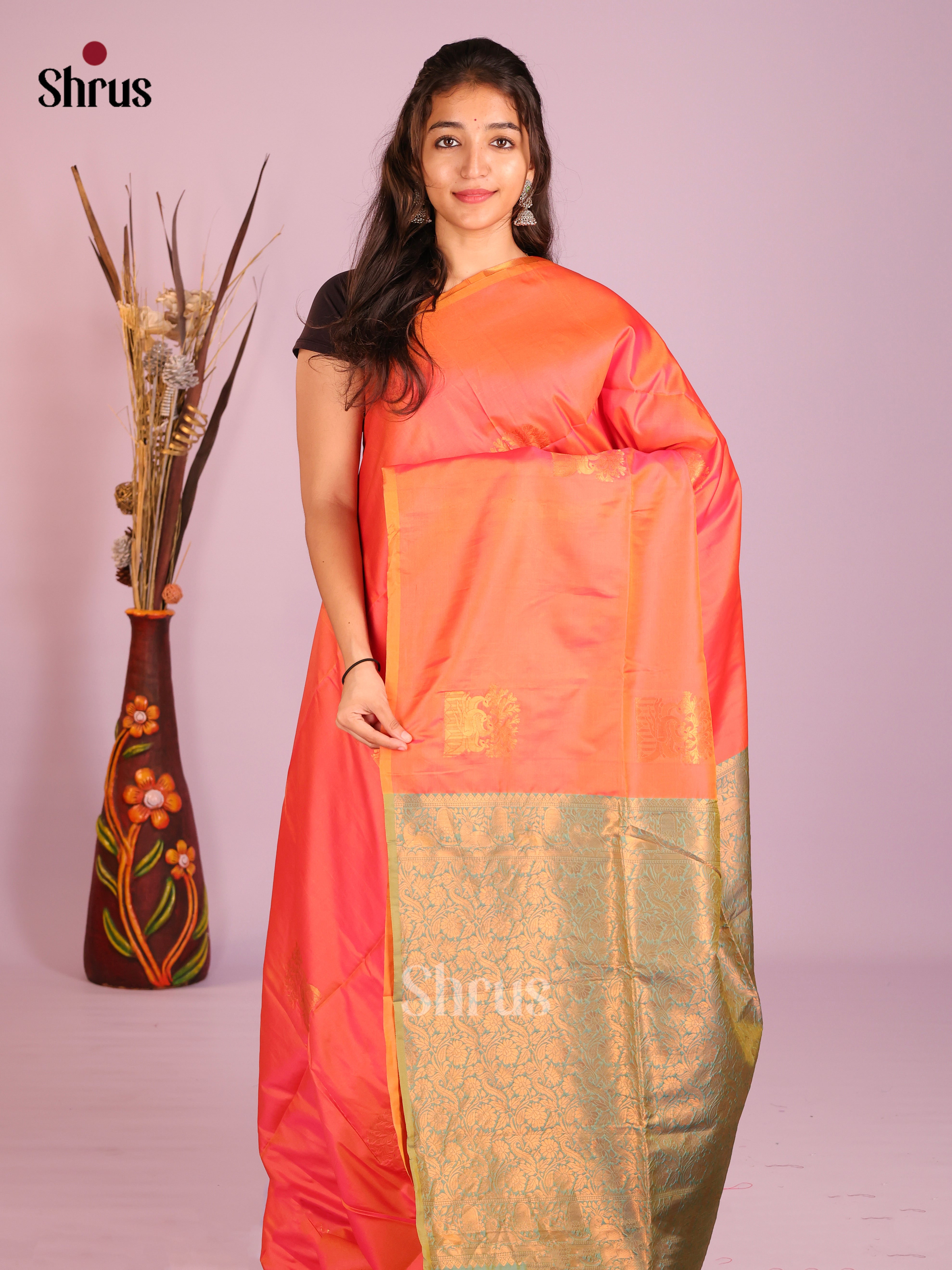 Orange & Green - Semi Softsilk Saree