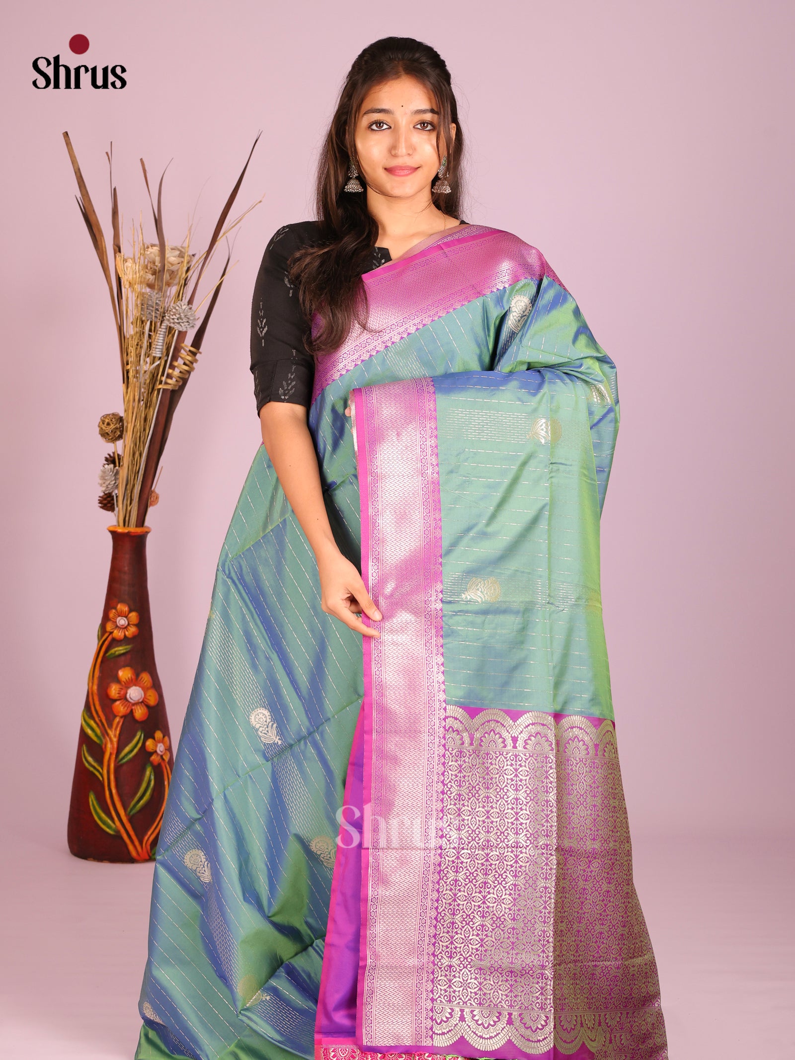 Green & Purple - Semi Softsilk Saree
