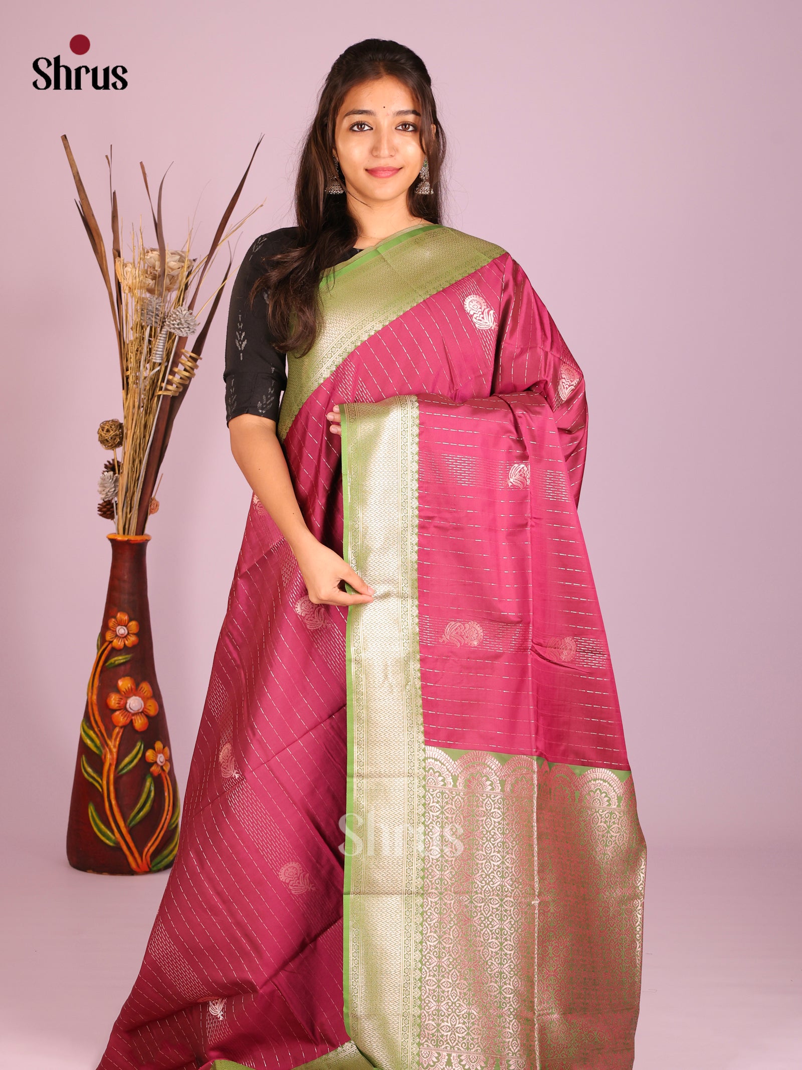 Maroon & Green - Semi Softsilk Saree