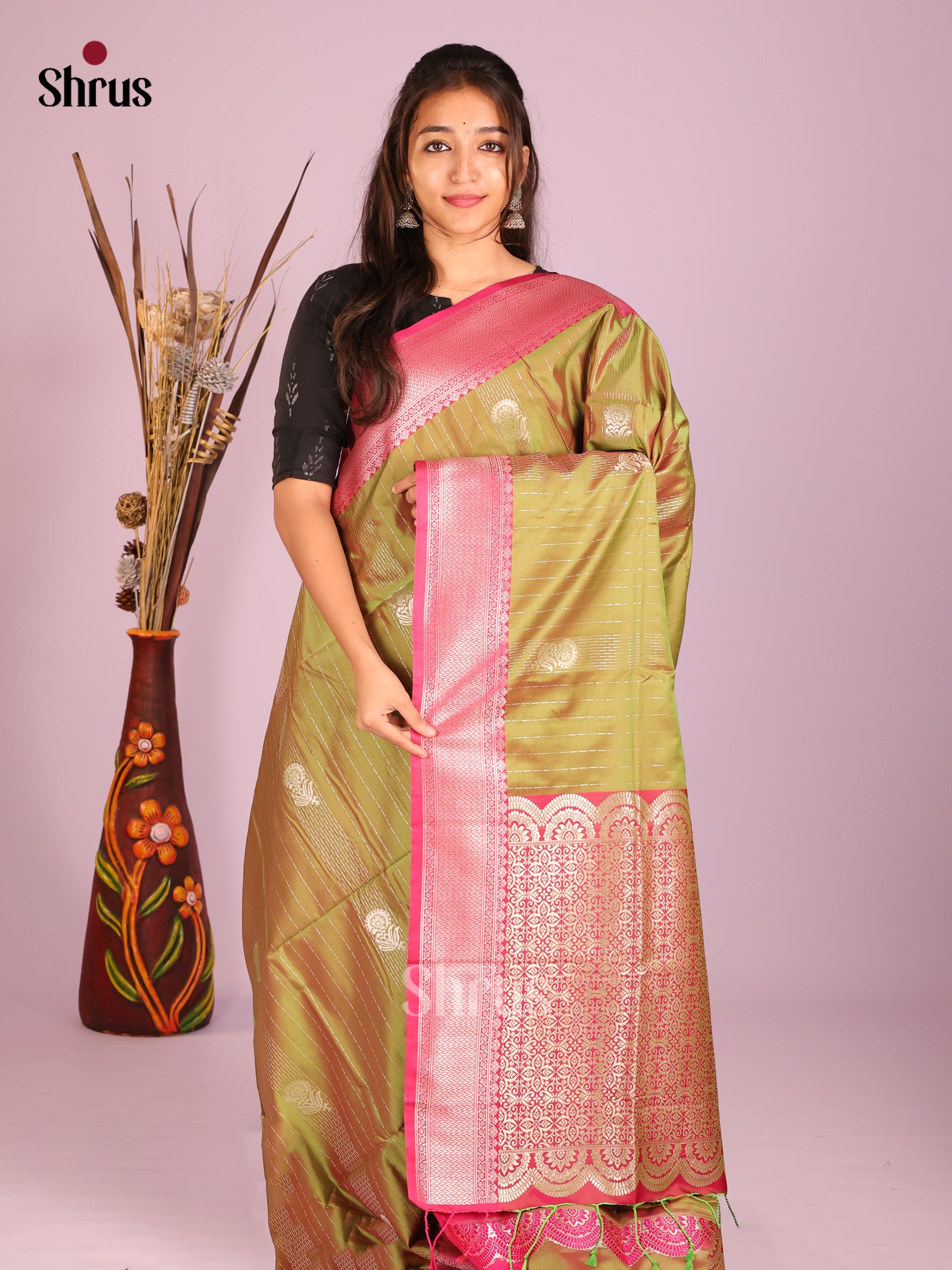 Green & Pink - Semi Softsilk Saree