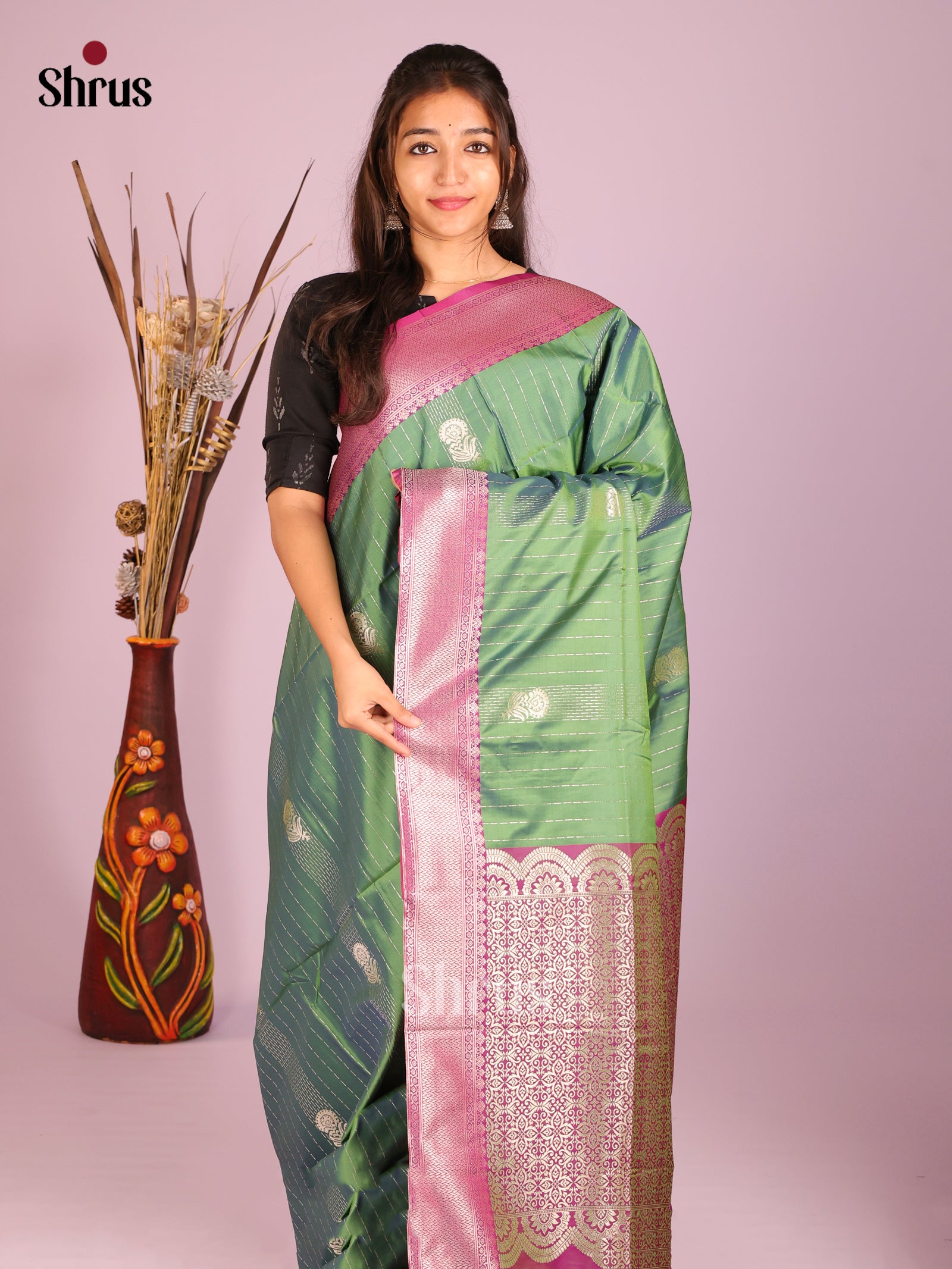 Green & Purple - Semi Softsilk Saree