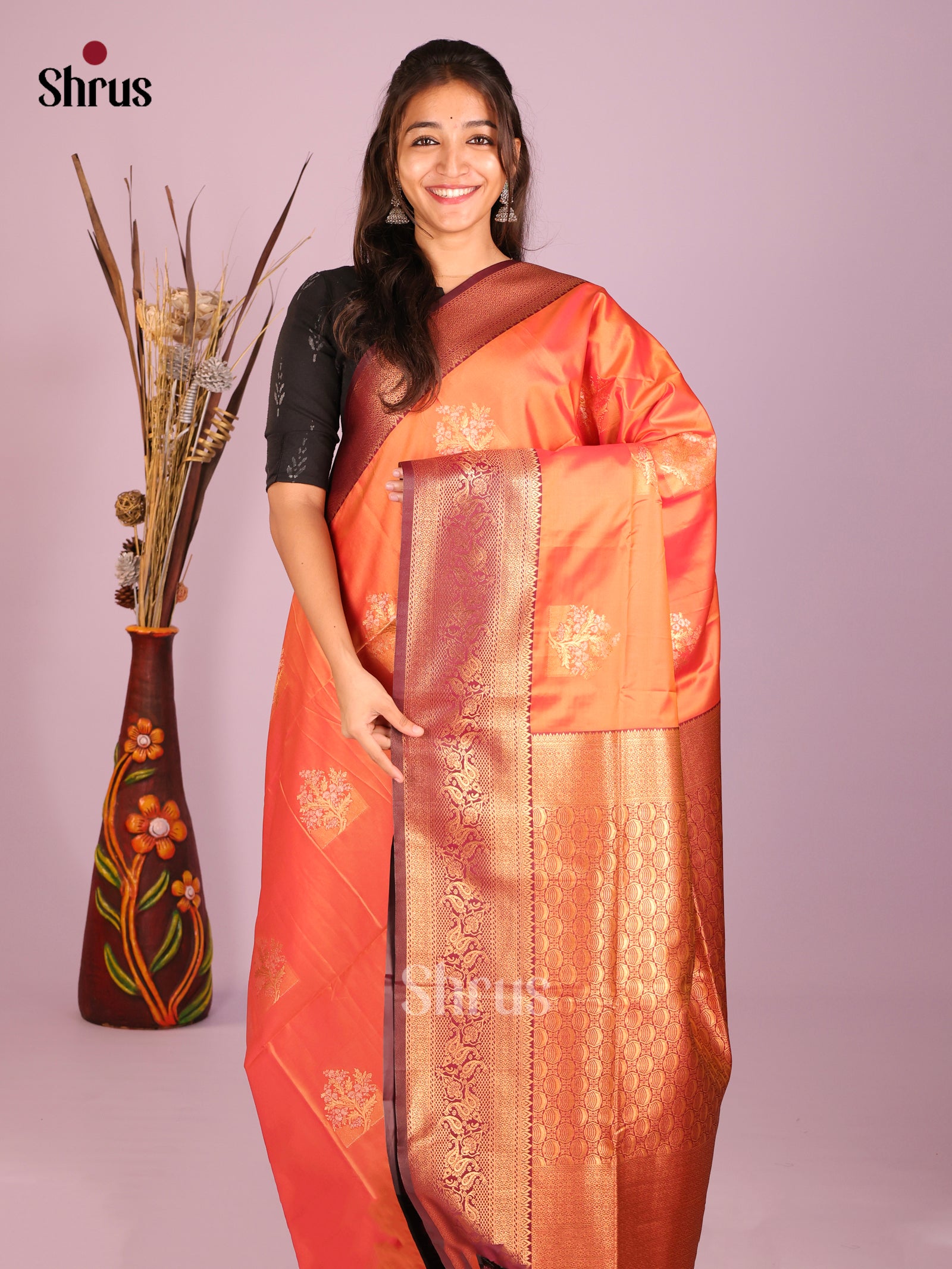 Orange & Brown - Semi Softsilk Saree