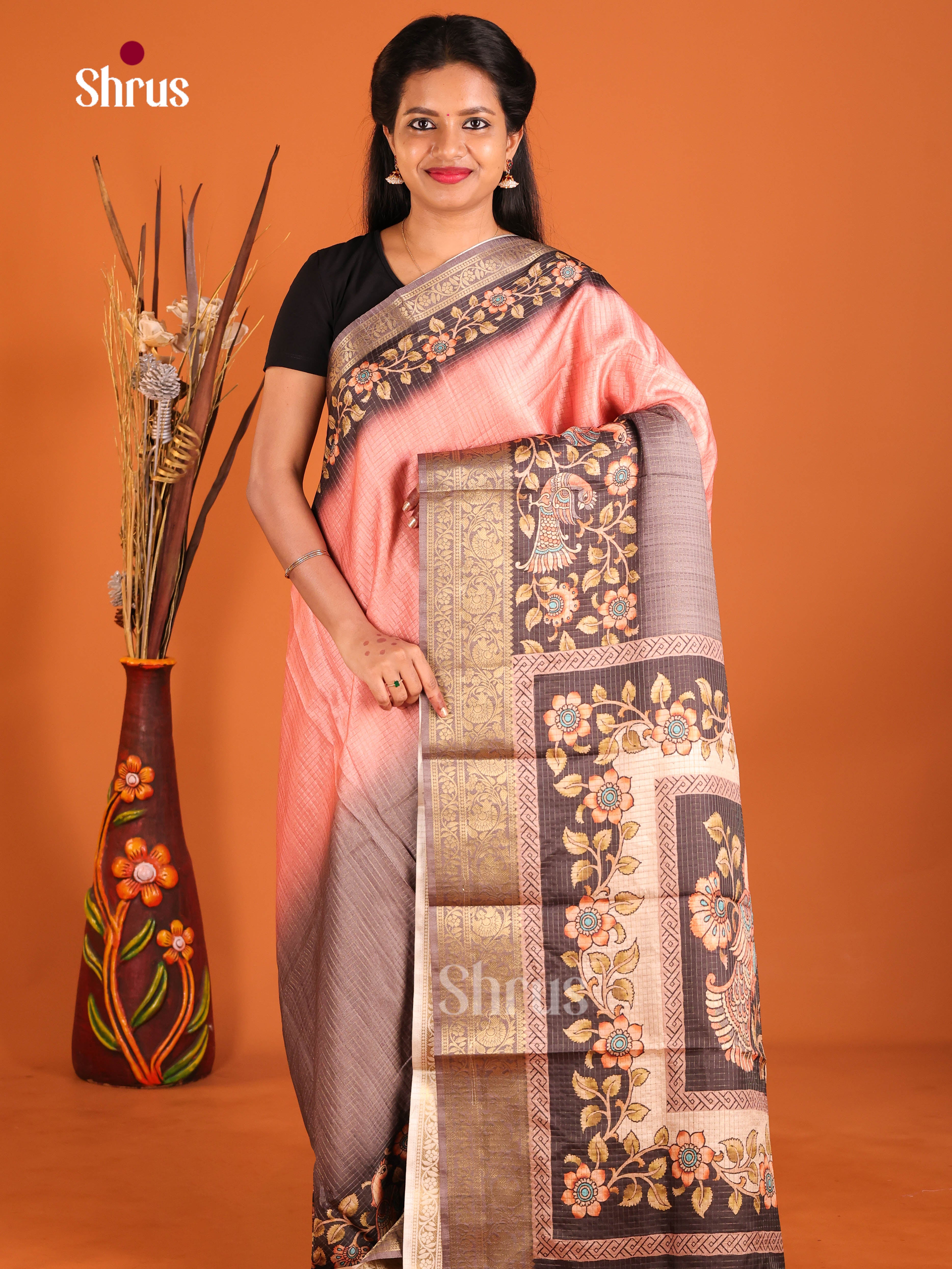 Pink & Grey - Semi Dola silk Saree