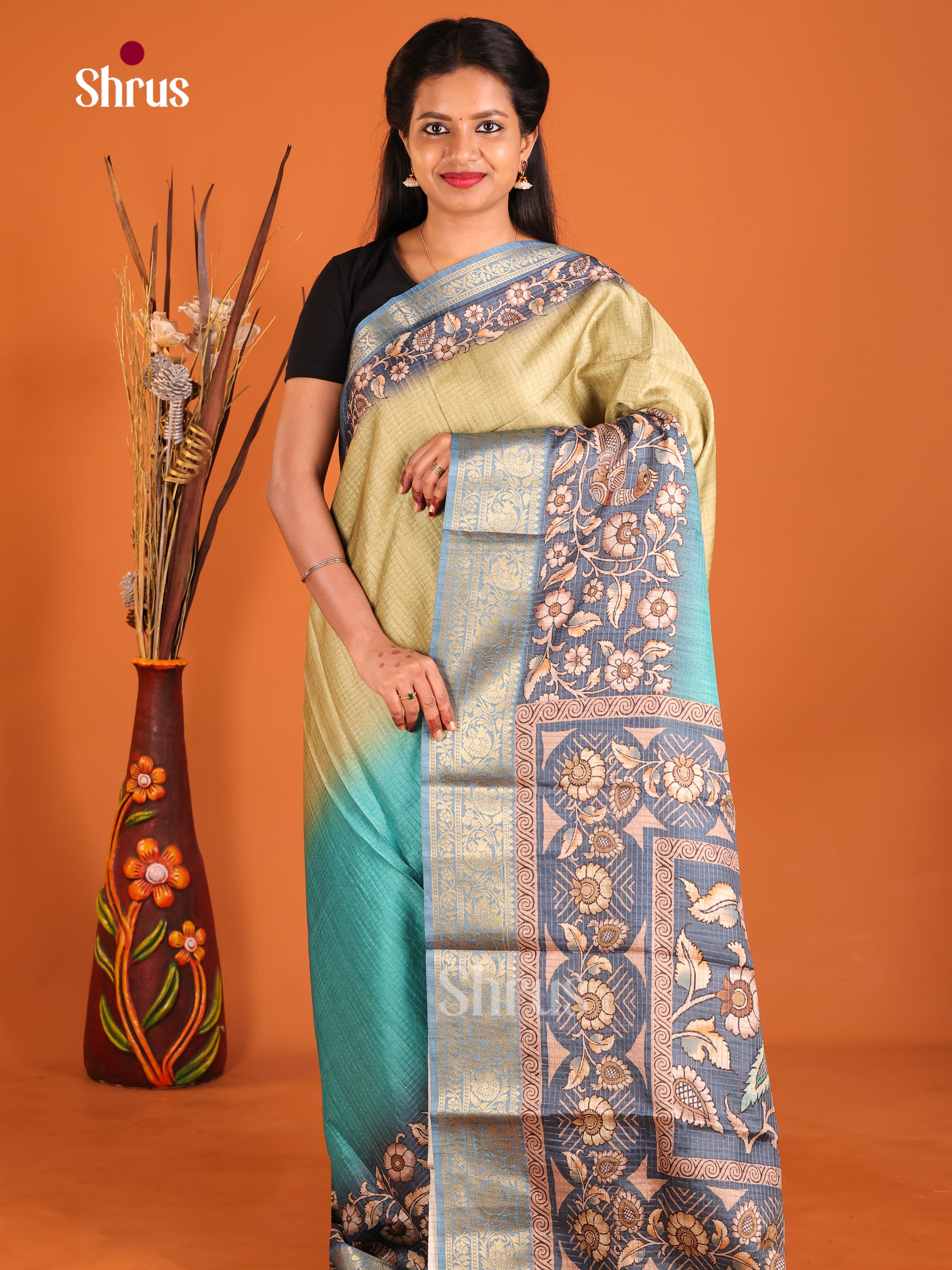 Pastel Green & Blue- Semi Dola silk Saree