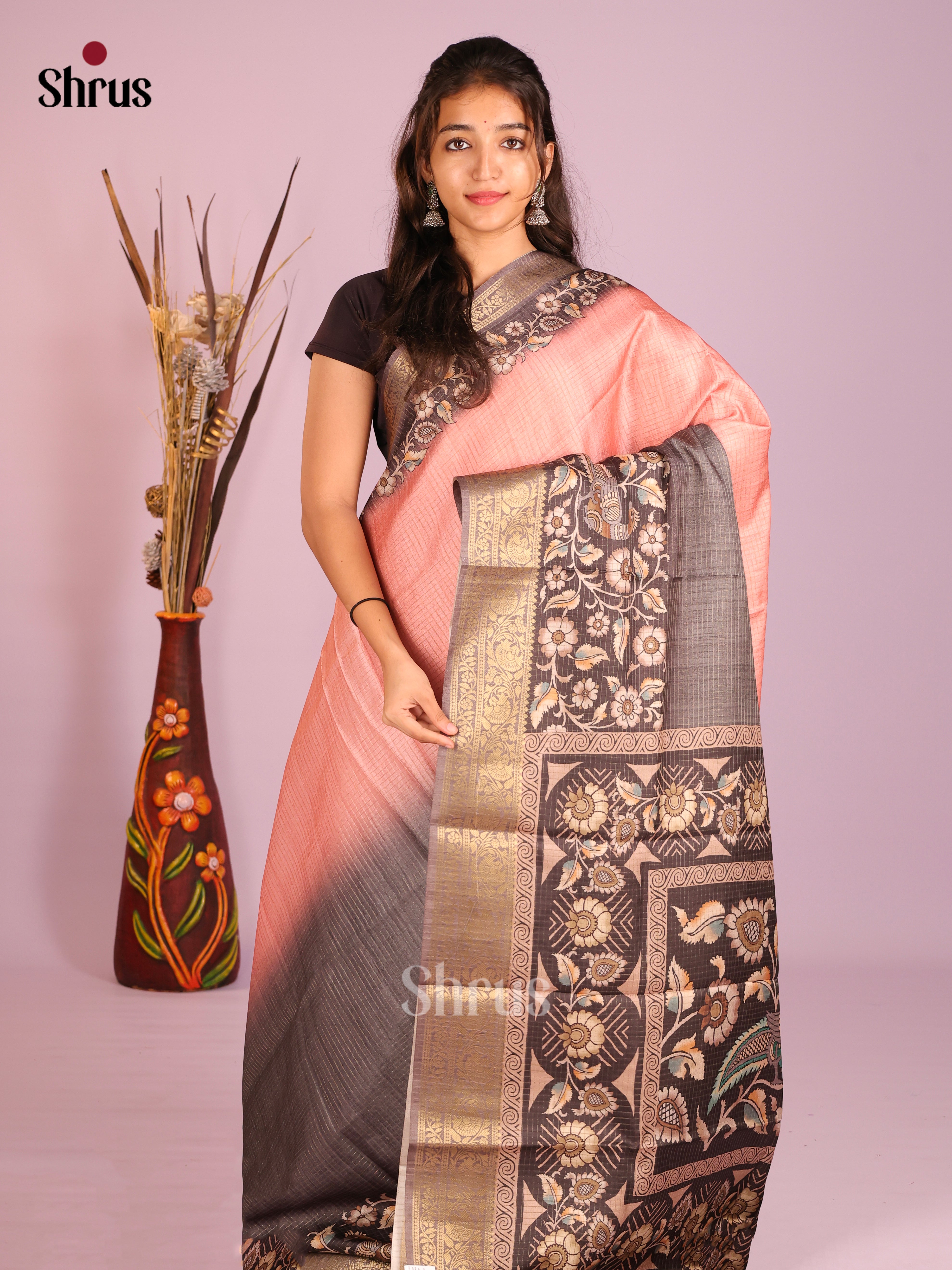 Pink & Grey - Semi Dola silk Saree