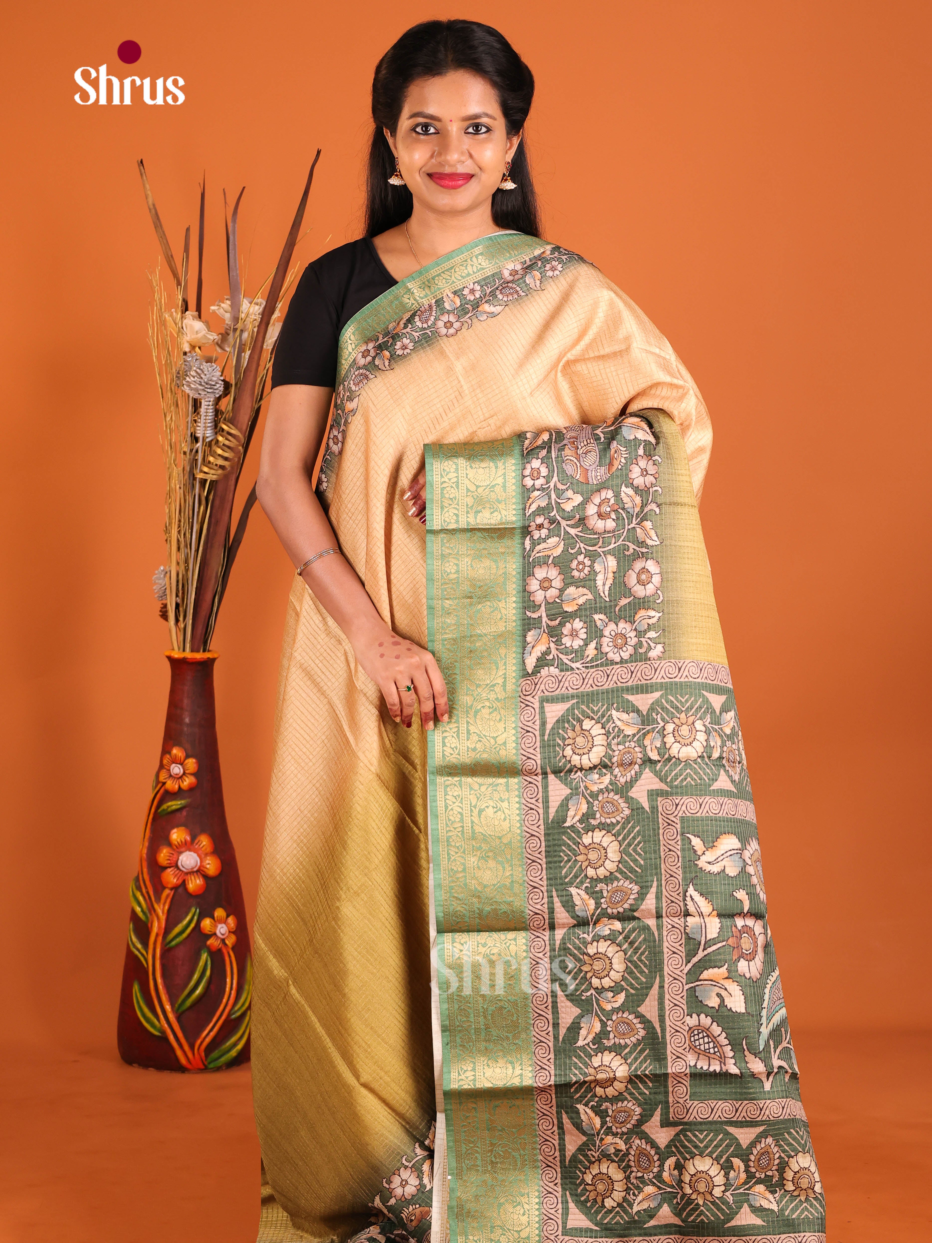 Peach & Green - Semi Dola silk Saree
