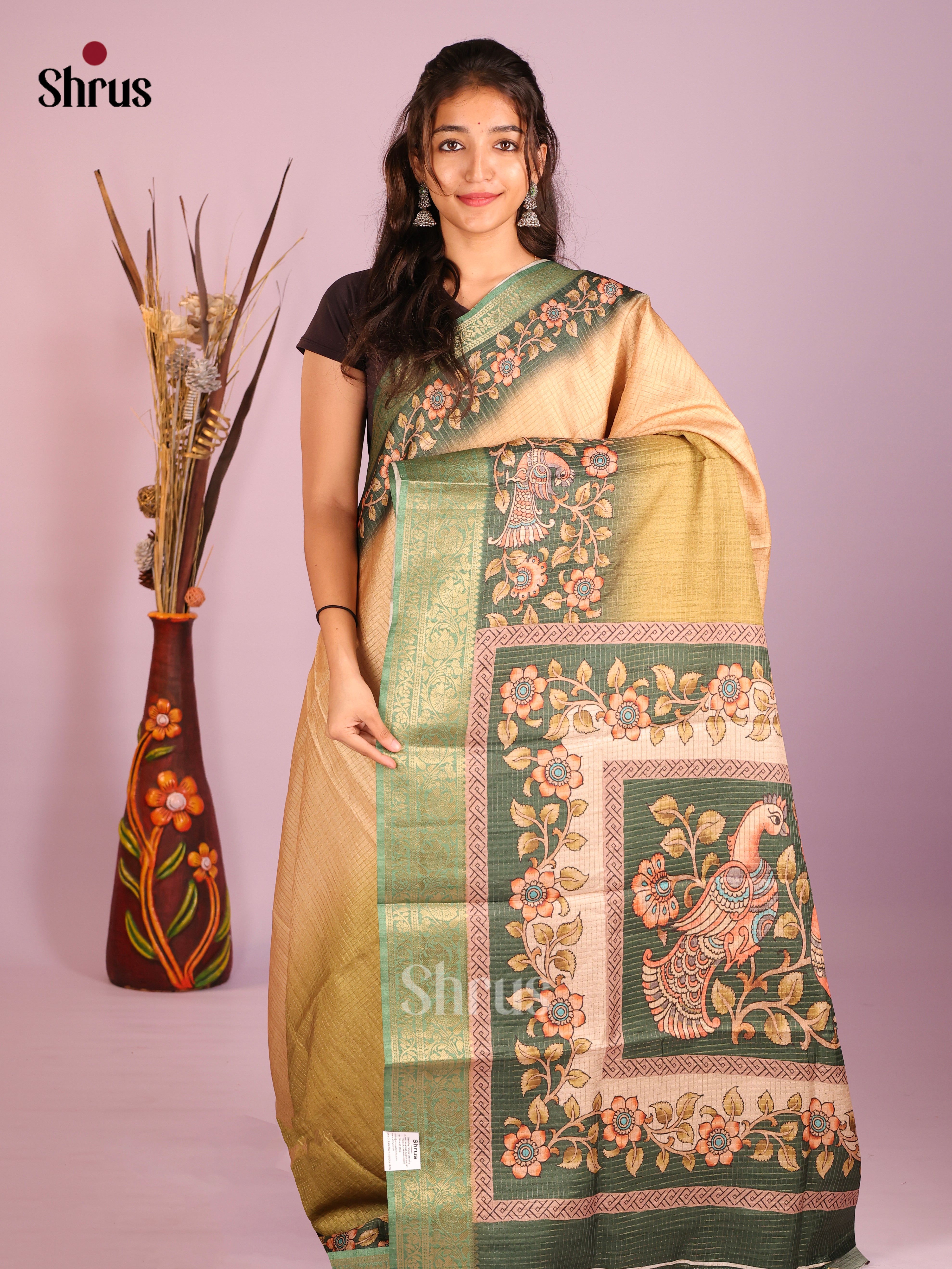 Peach & Green - Semi Dola silk Saree