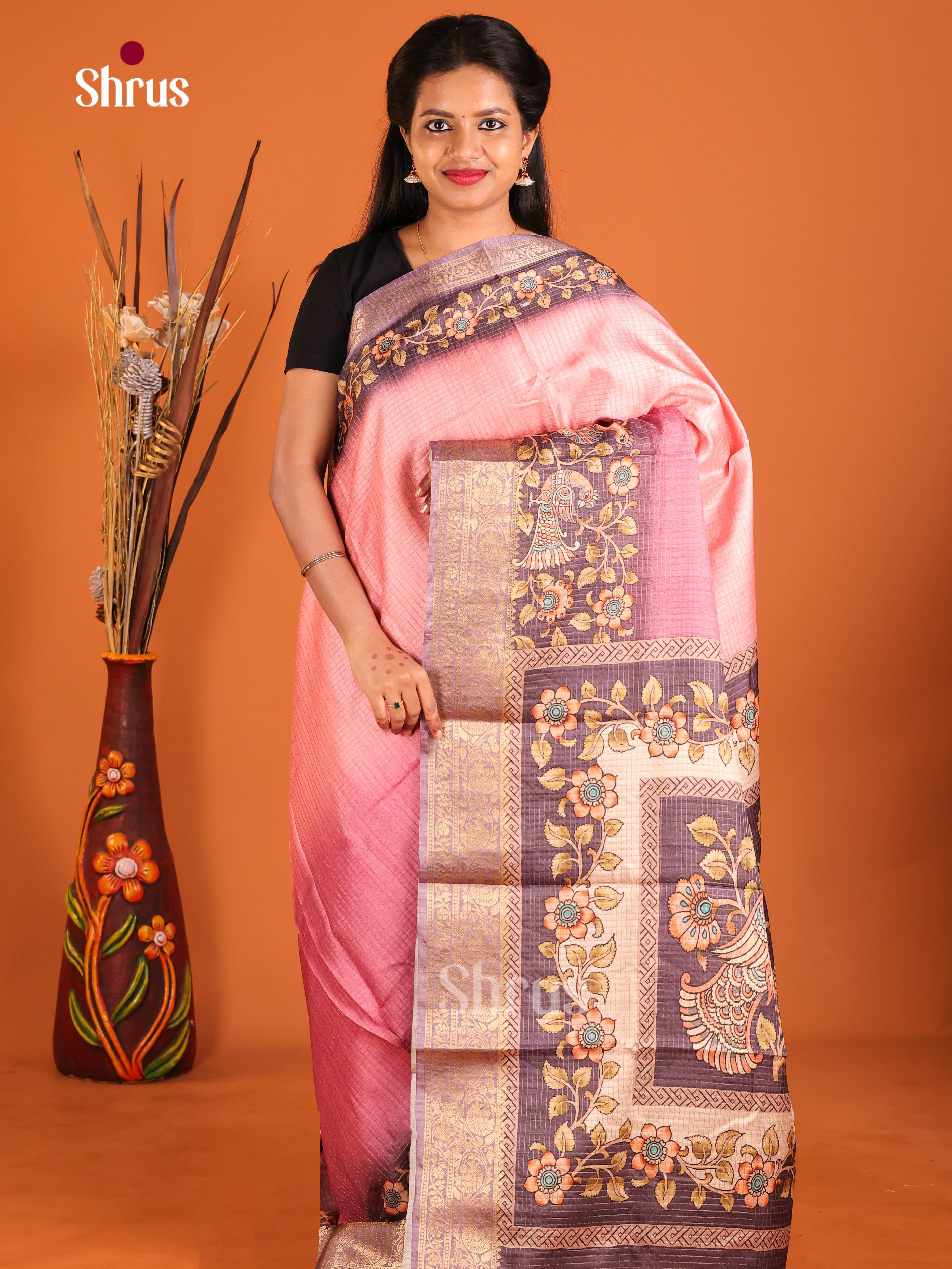 pink & Brown - Semi Dola silk Saree