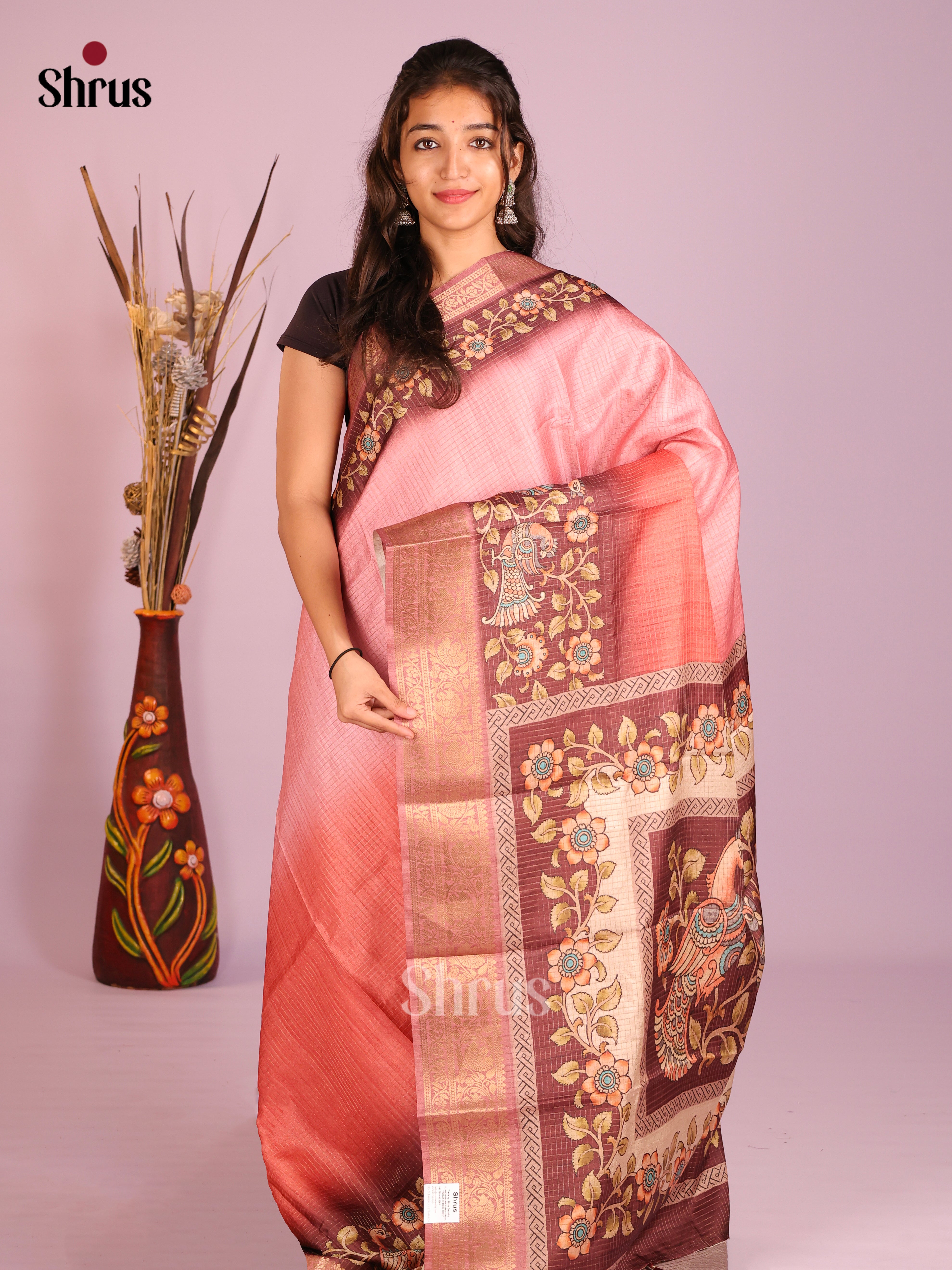 Pink & Maroon- Semi Dola silk Saree