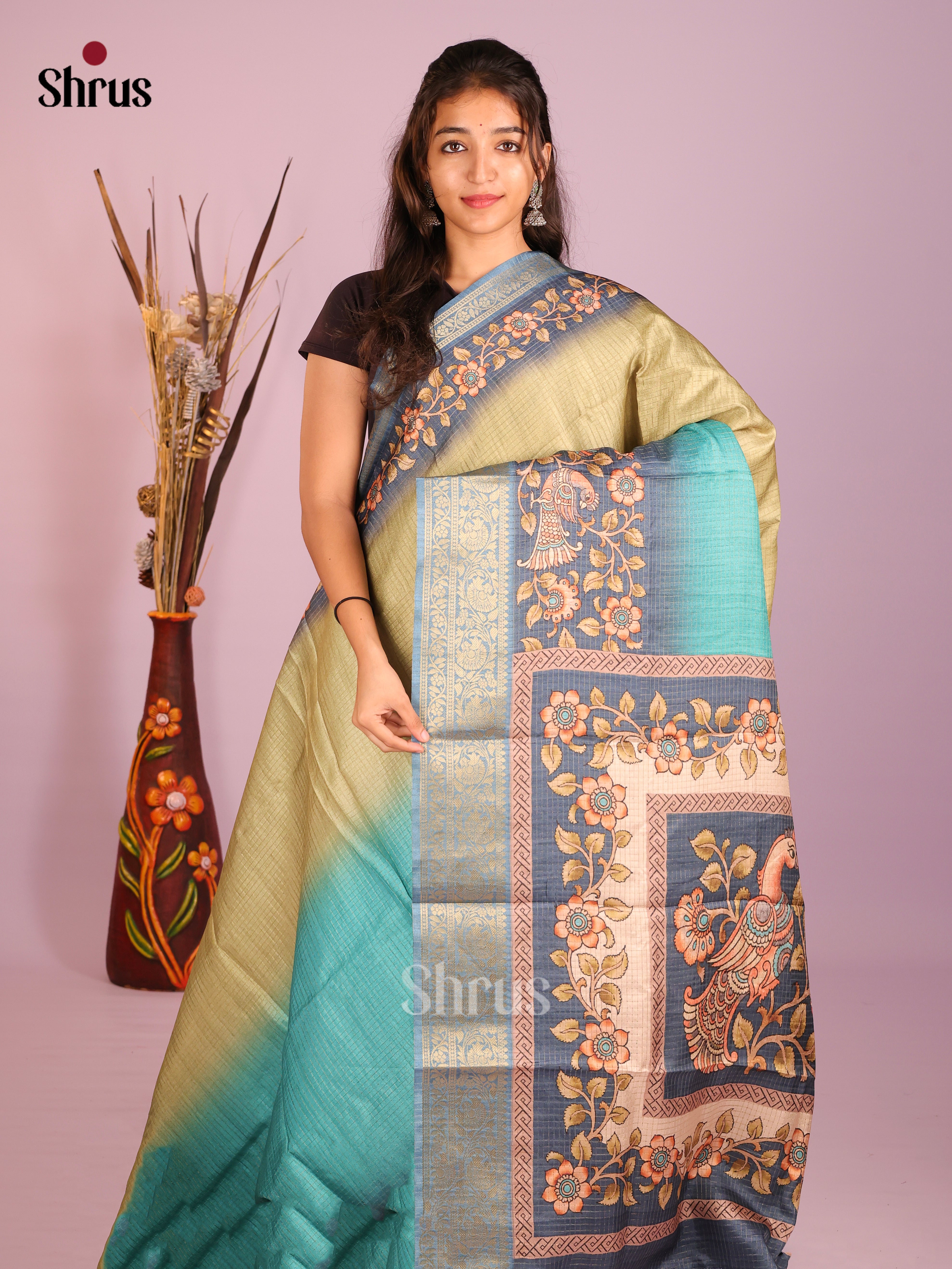 Pastel Green & Blue - Semi Dola silk Saree
