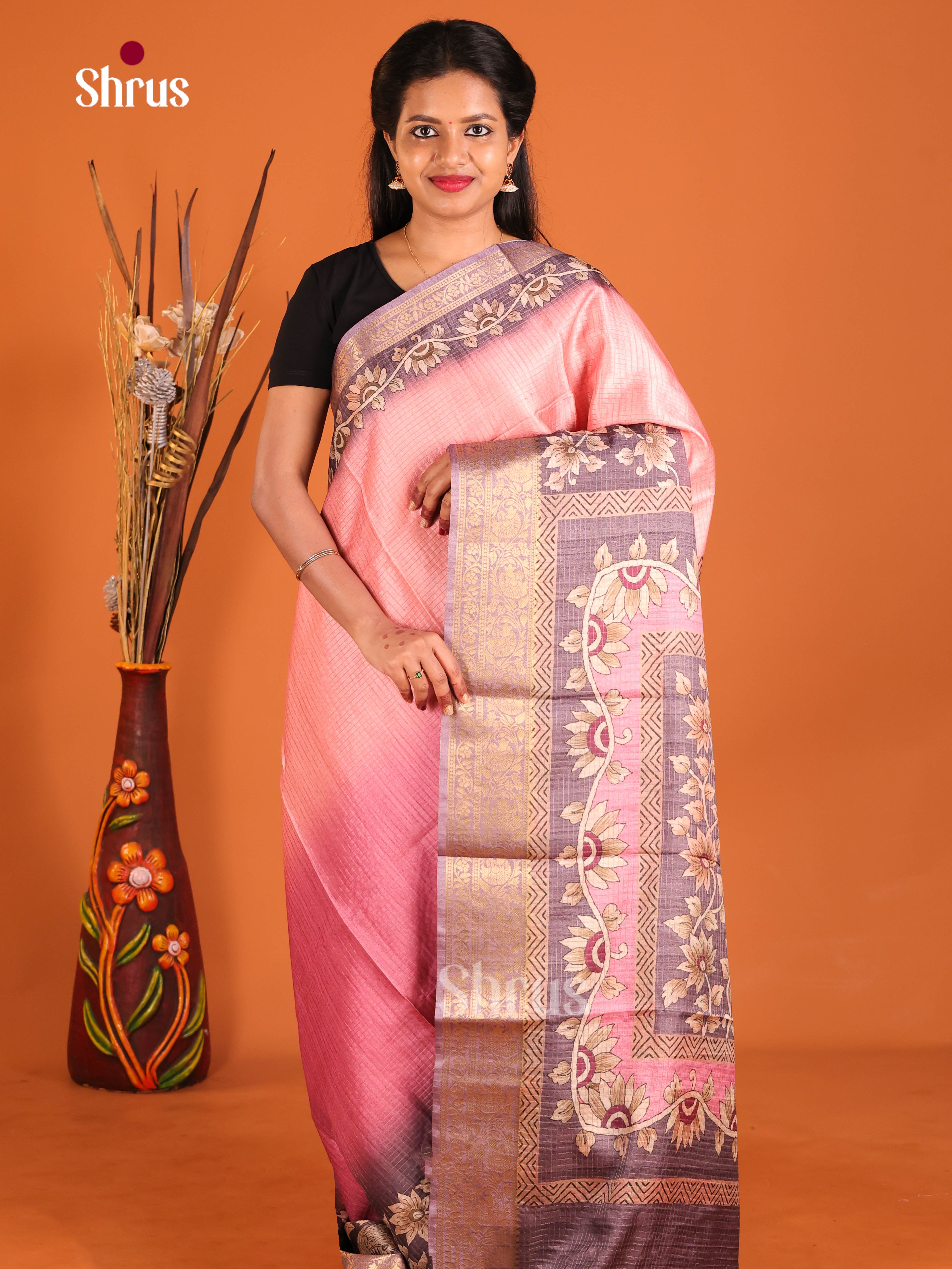 Pink & Dark Lavender - Semi Dola silk Saree