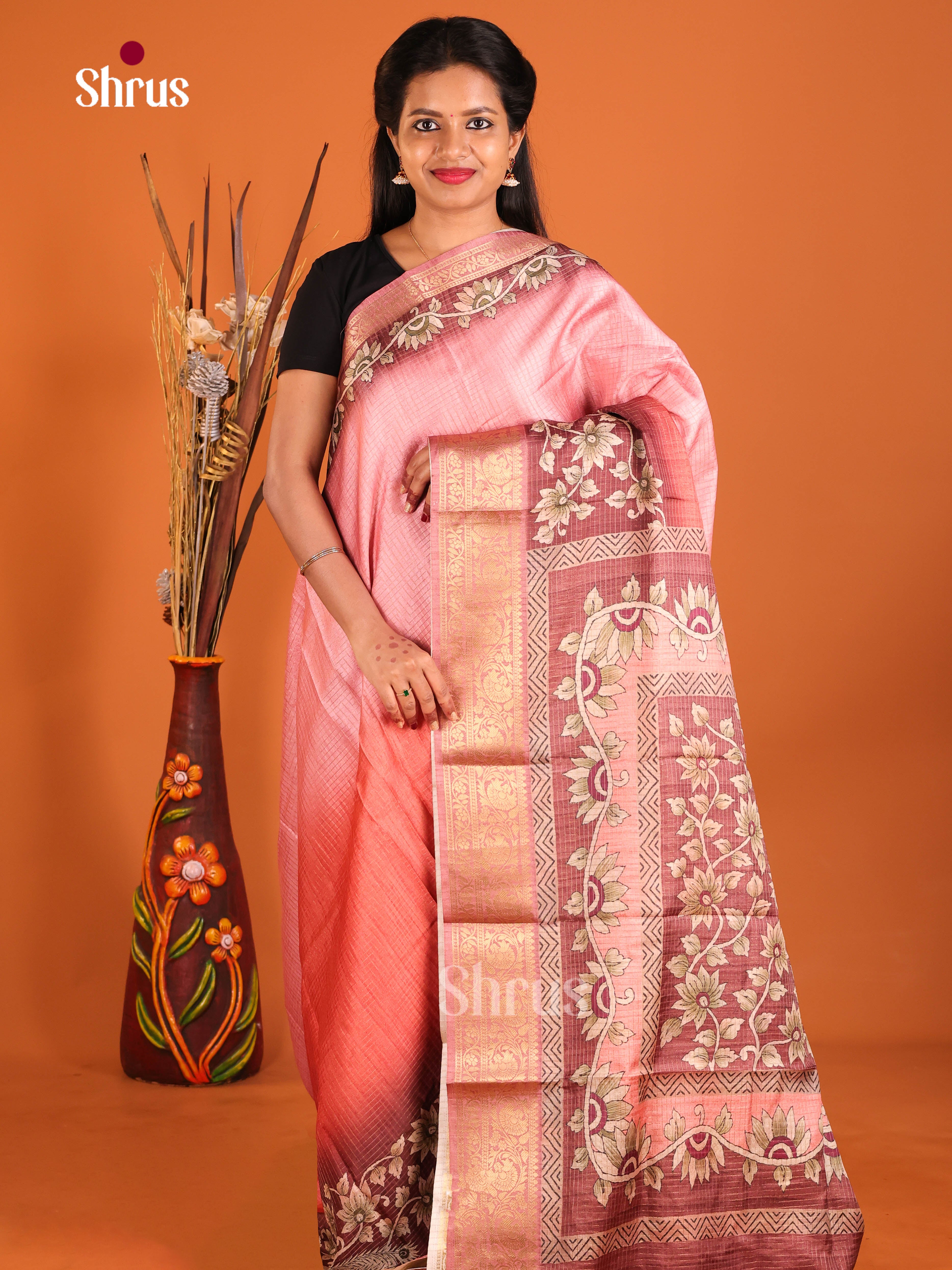 Pink & Maroon - Semi Dola silk Saree
