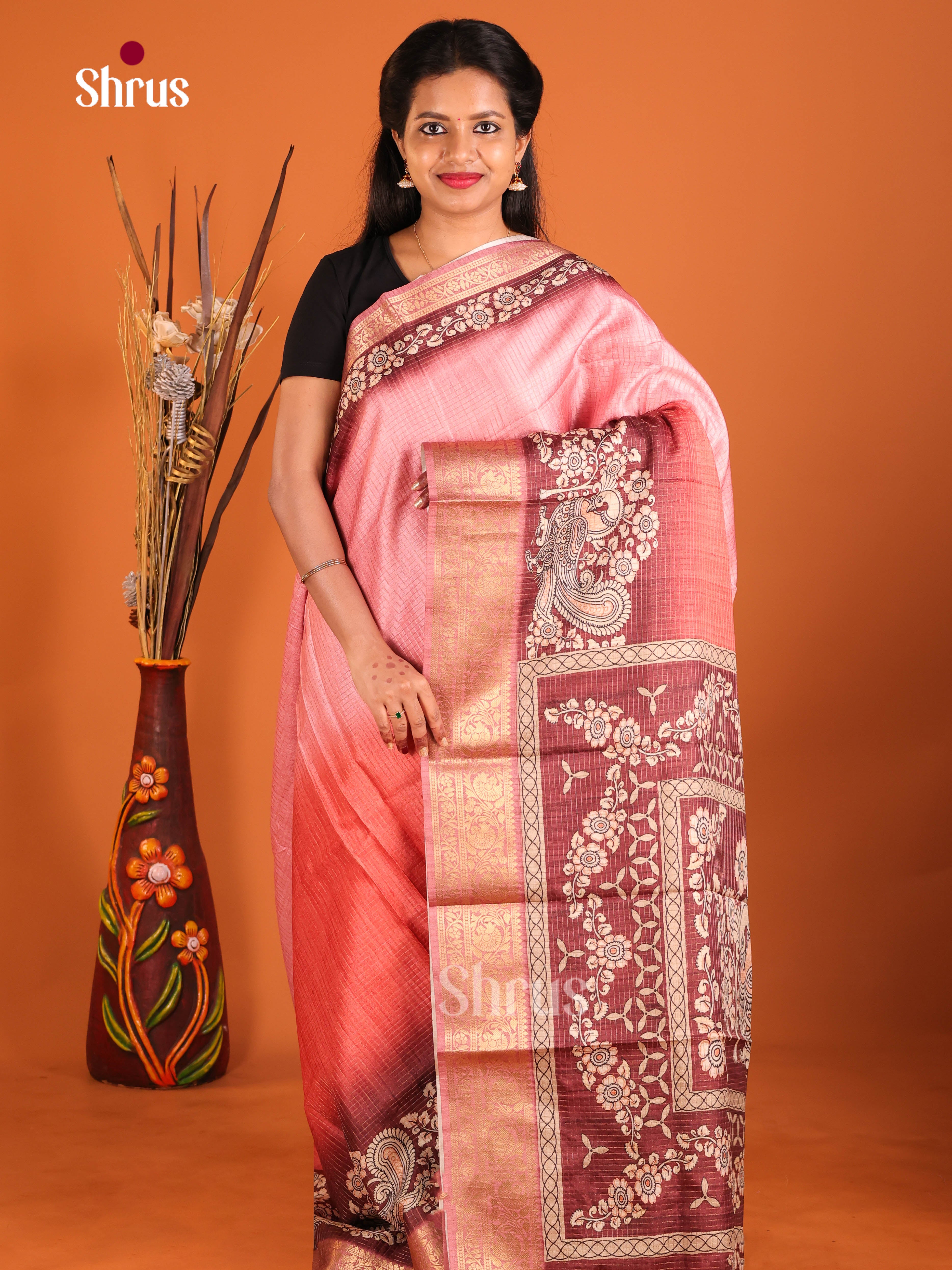 Pink & Maroon - Semi Dola silk Saree