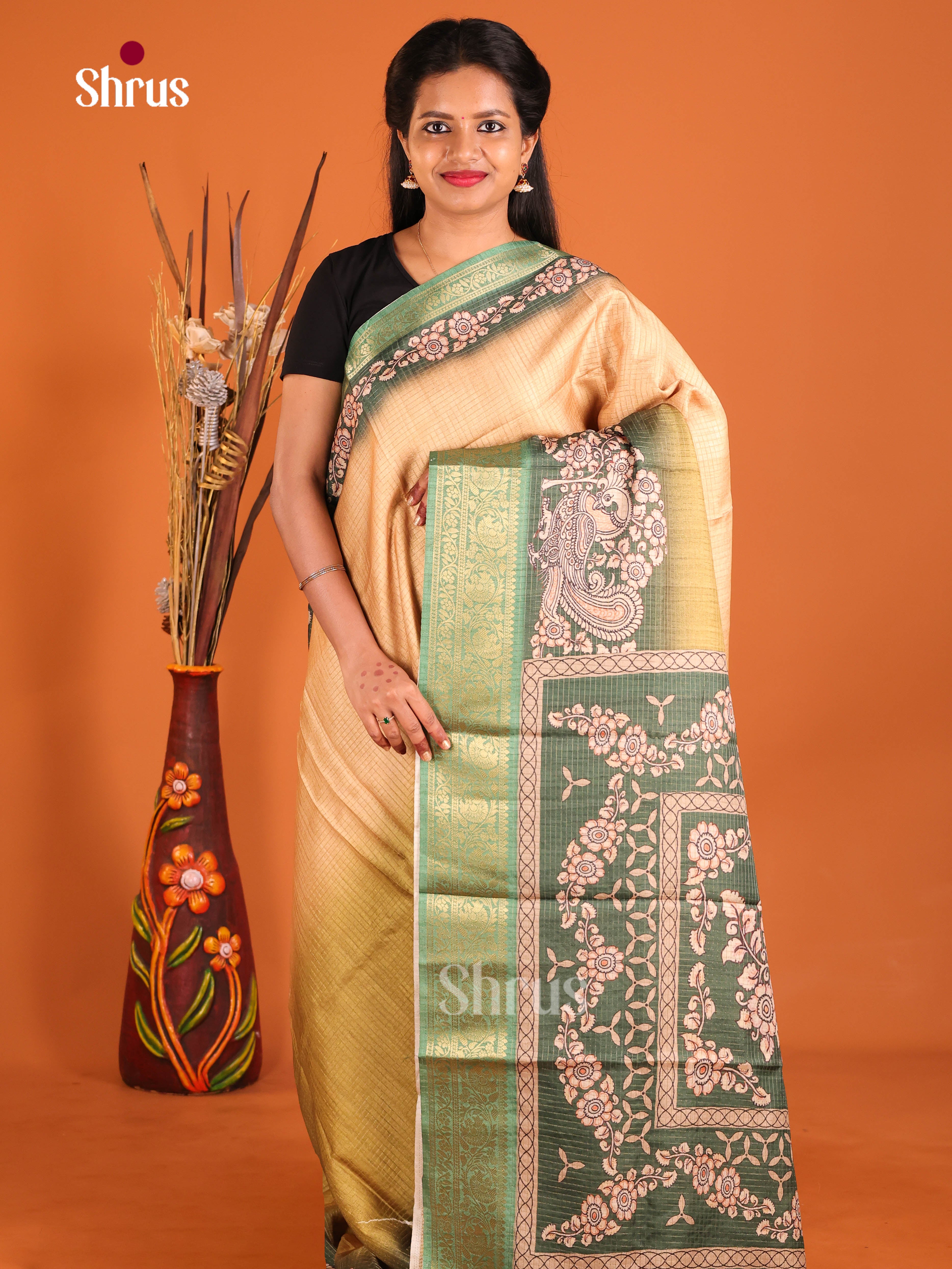 Peach & Green - Semi Dola silk Saree
