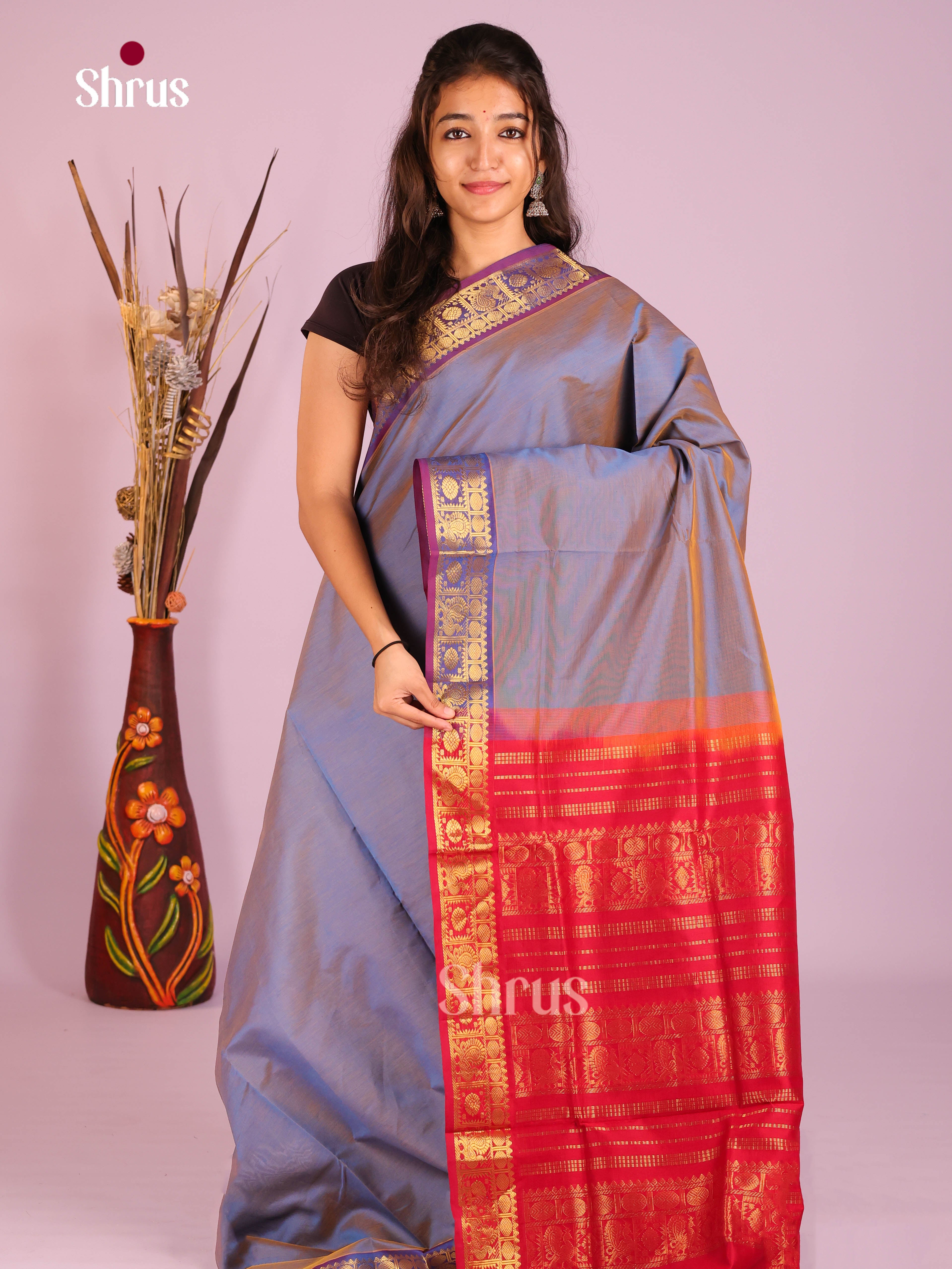 Grey & Red - Silkcotton-halfpure Saree