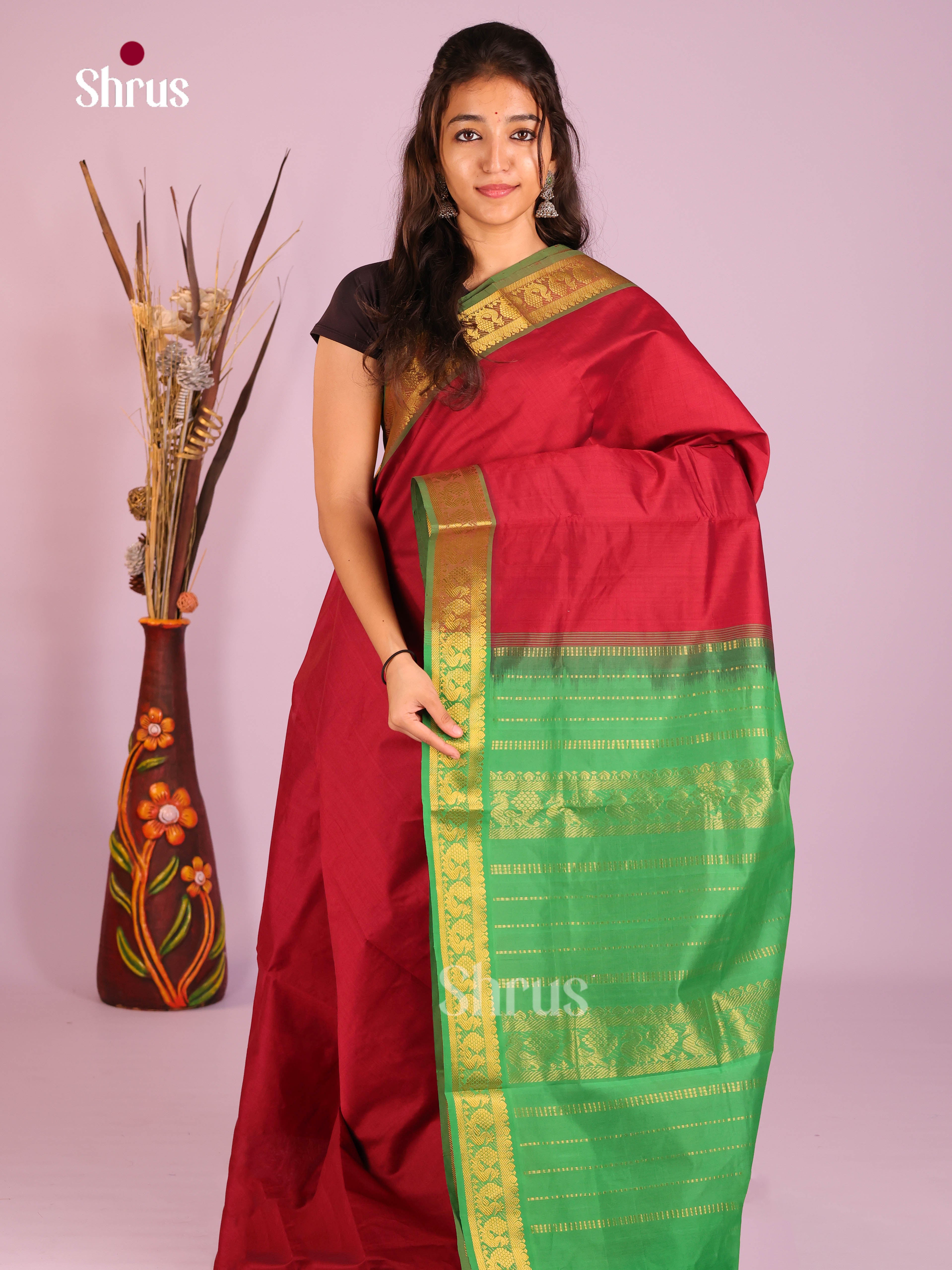 Red & Green - Silkcotton-halfpure Saree - Shop on Shrus.com