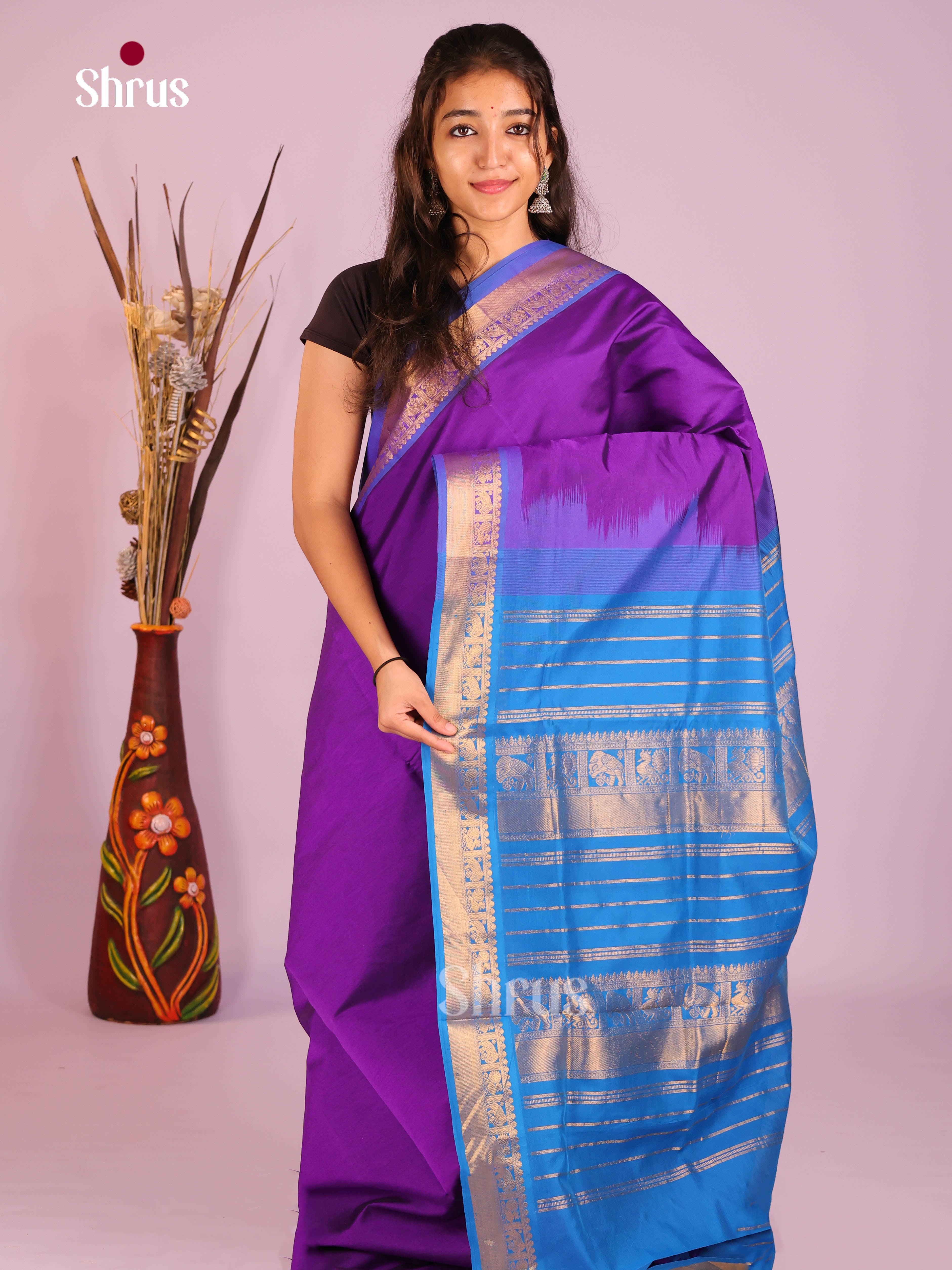 Violet & Blue - Silkcotton-halfpure Saree