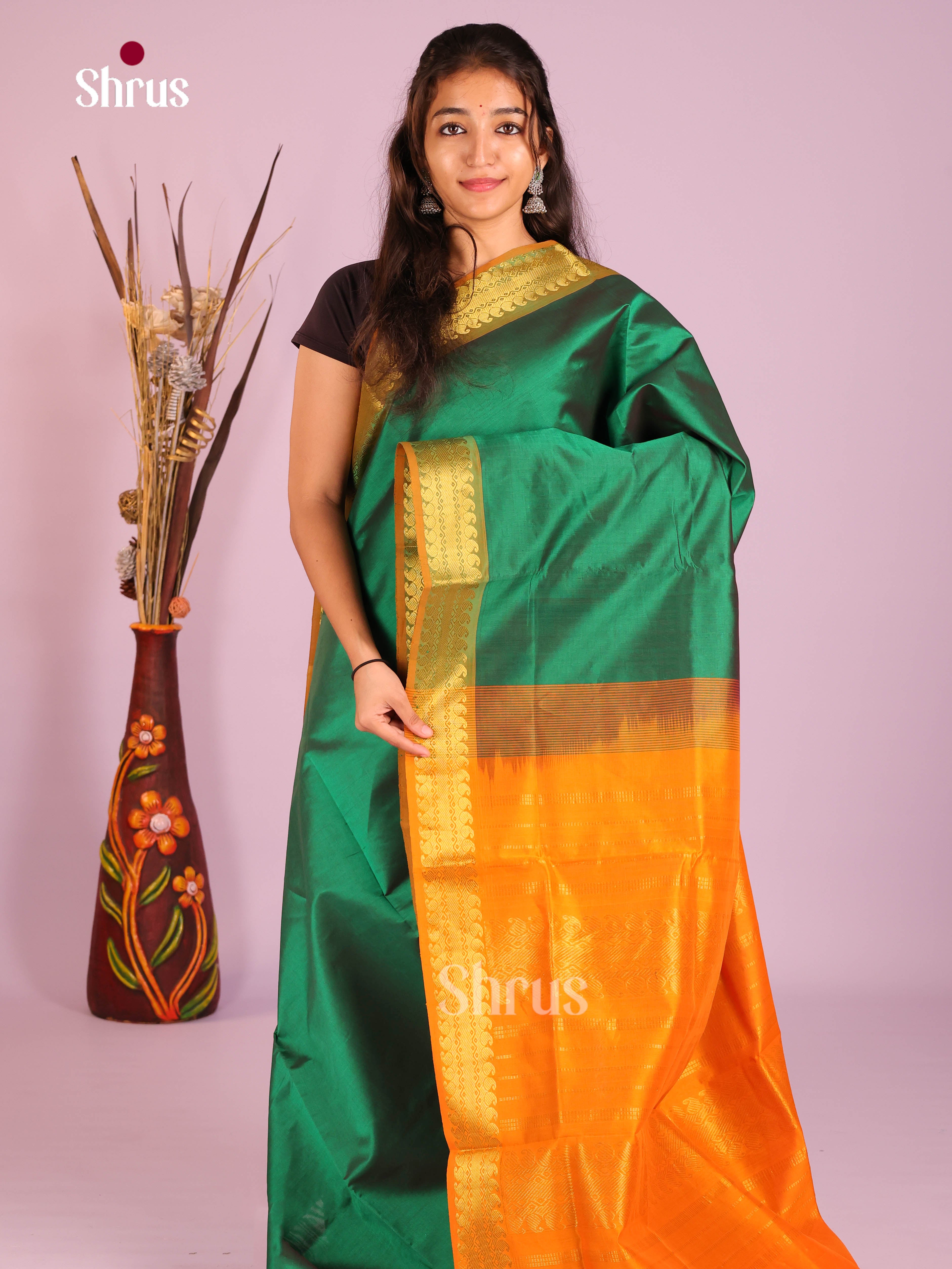 Green & Orange - Silkcotton-halfpure Saree - Shop on Shrus.com