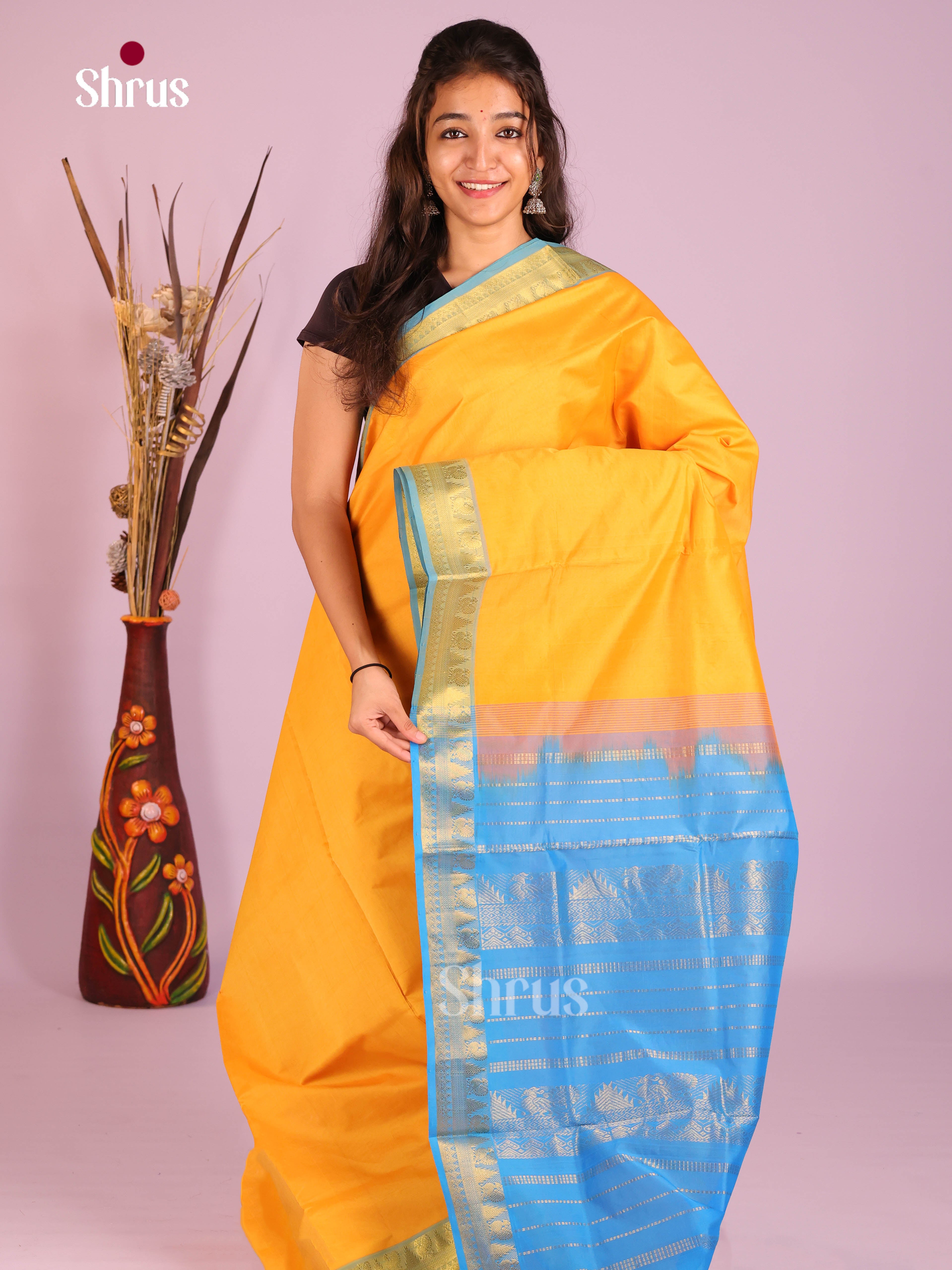 Yellow & Blue - Silkcotton-halfpure Saree