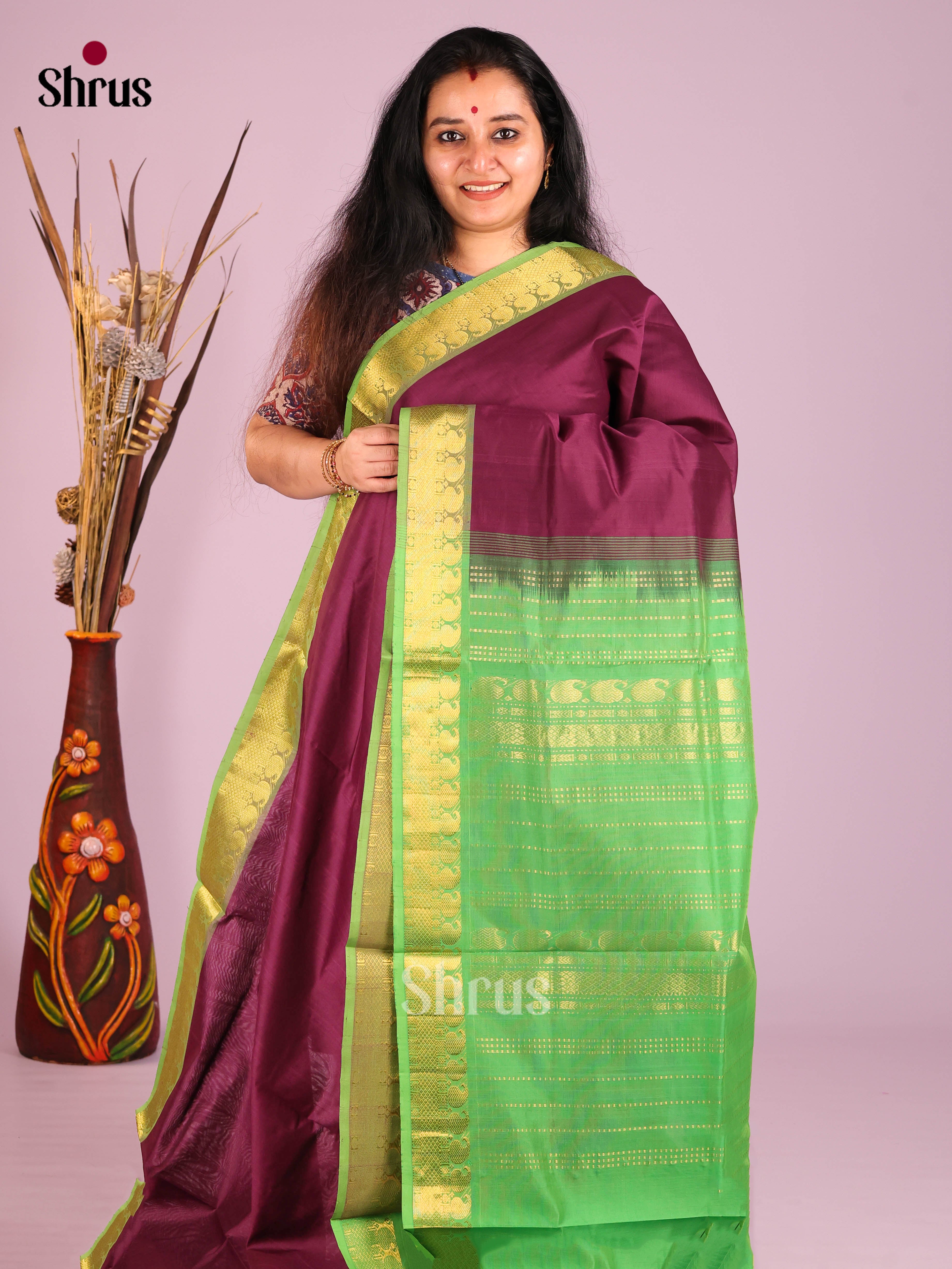 Purple & Green- Silkcotton-halfpure Saree - Shop on Shrus.com