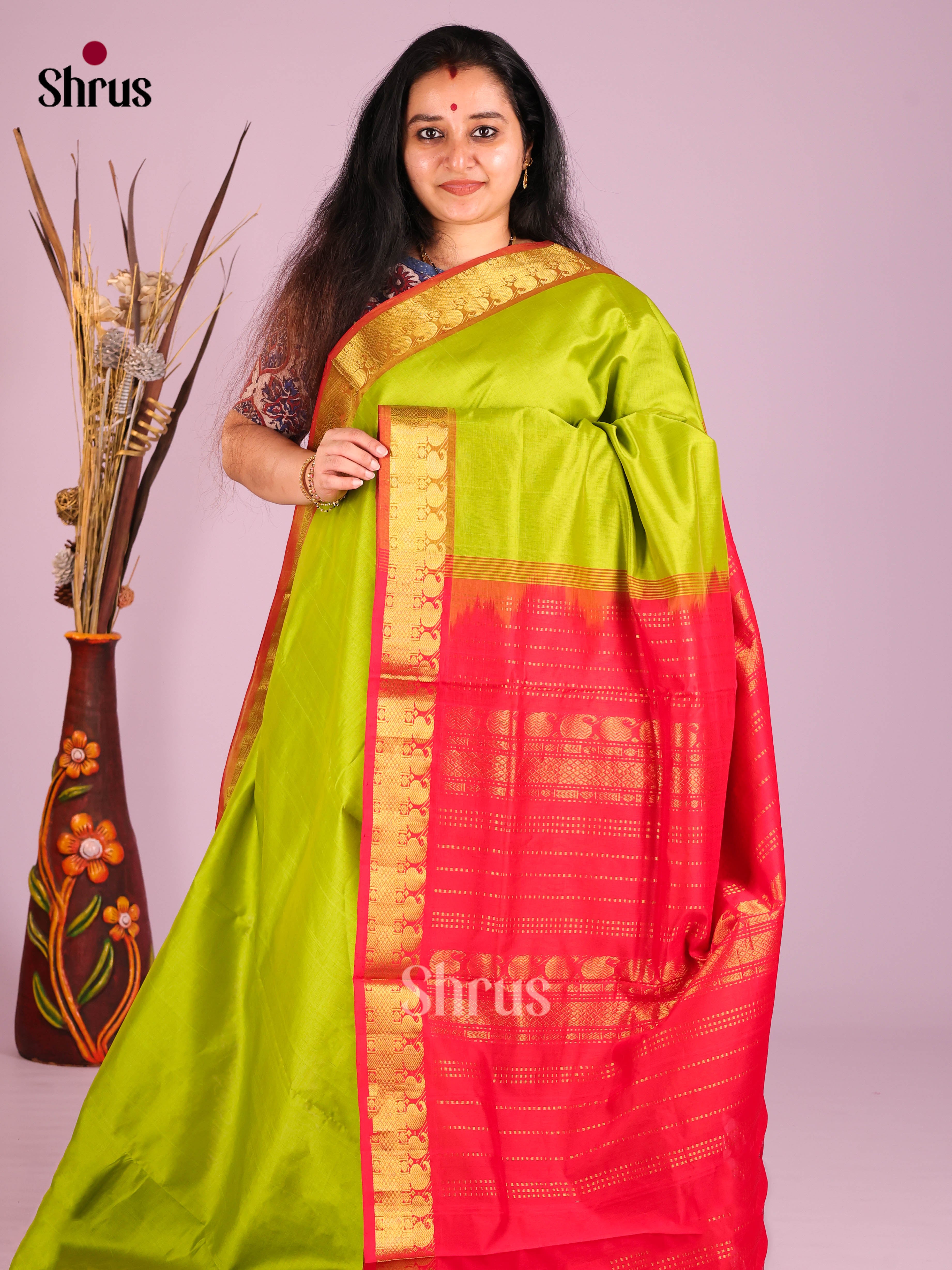 Light Green & Red - Silkcotton-halfpure Saree - Shop on Shrus.com
