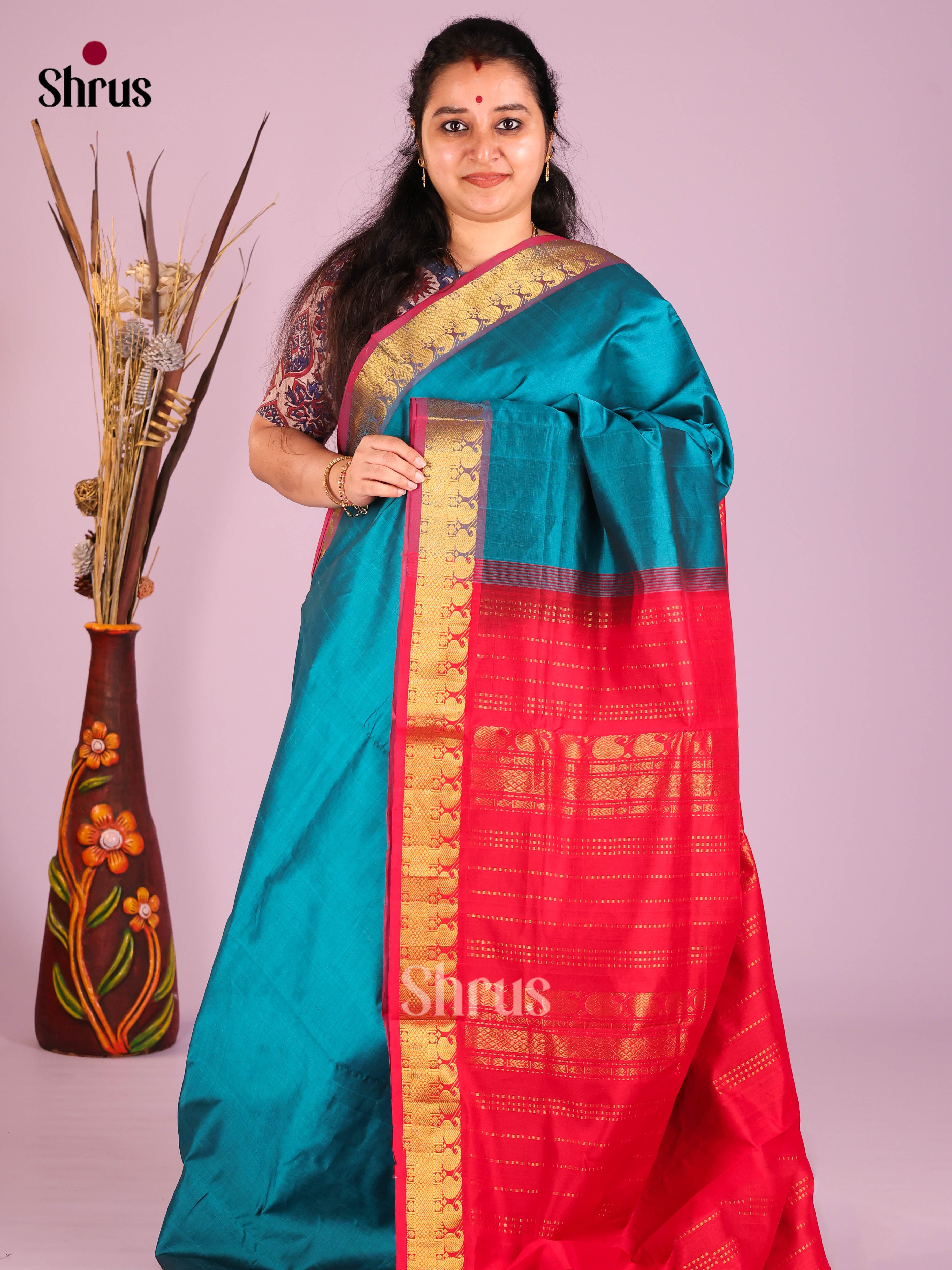 Blue & Red- Silkcotton-halfpure Saree