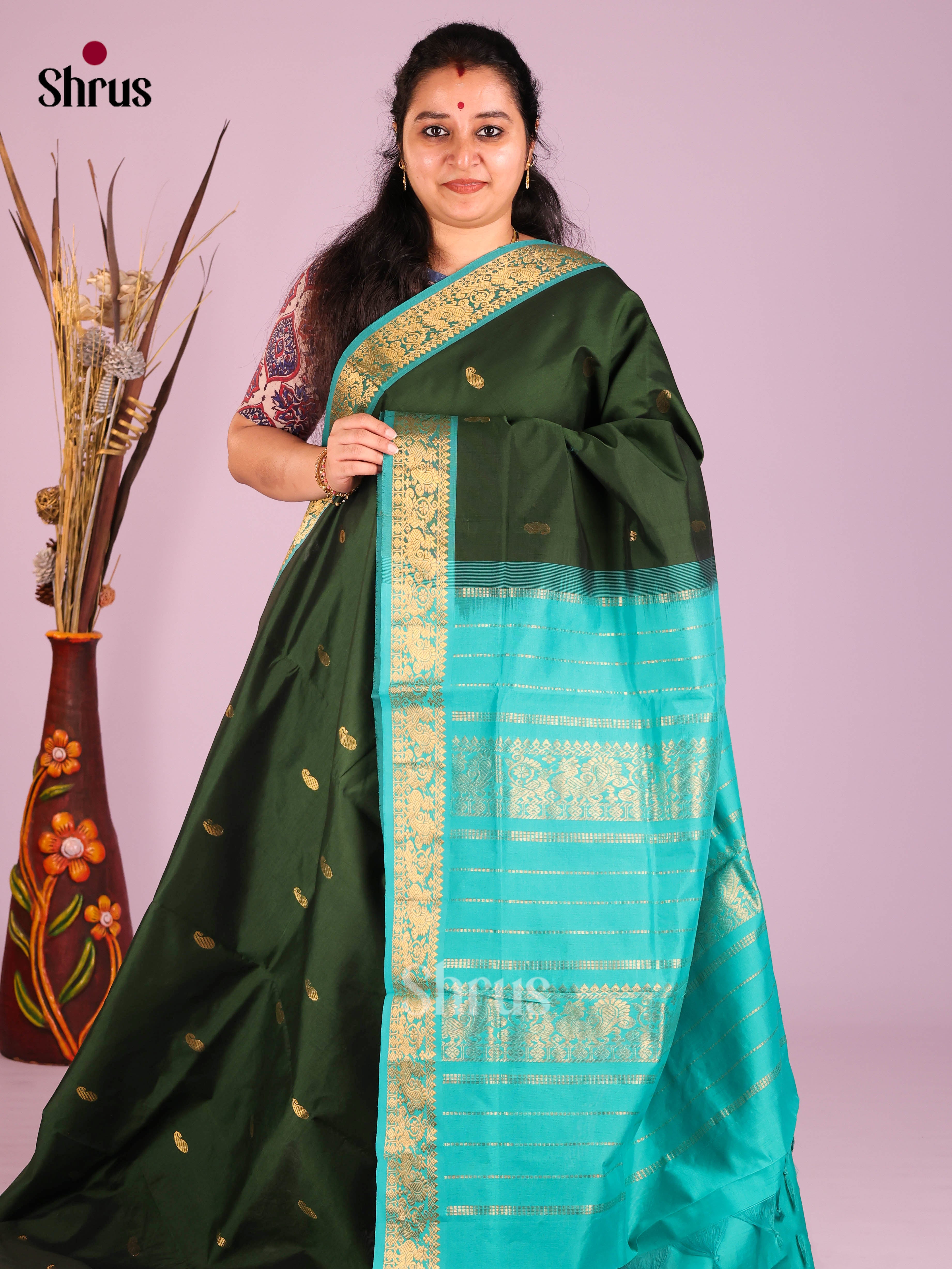 Green & Blue - Silkcotton-halfpure Saree - Shop on Shrus.com