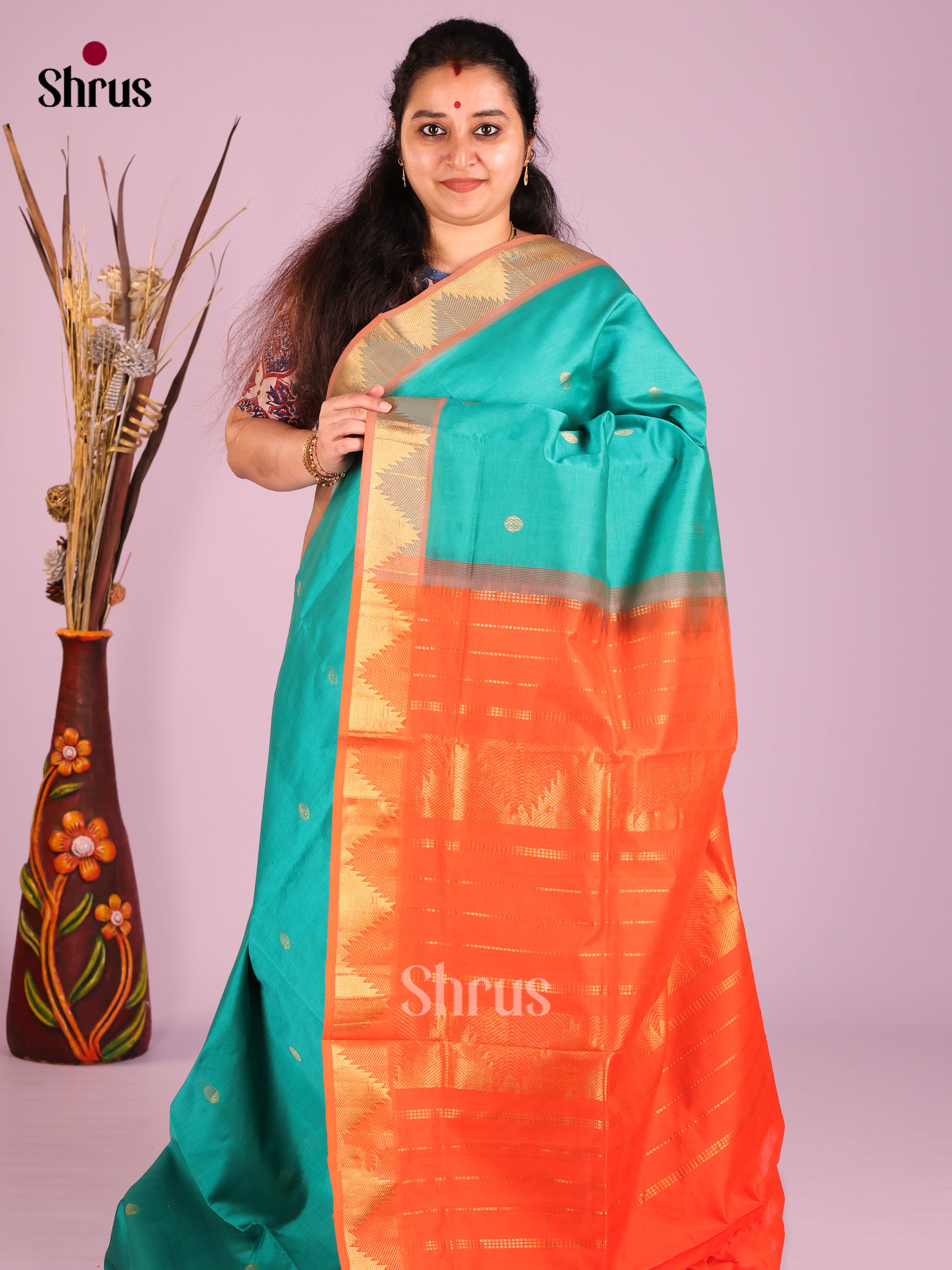 Teal & Orange - Silkcotton-halfpure Saree