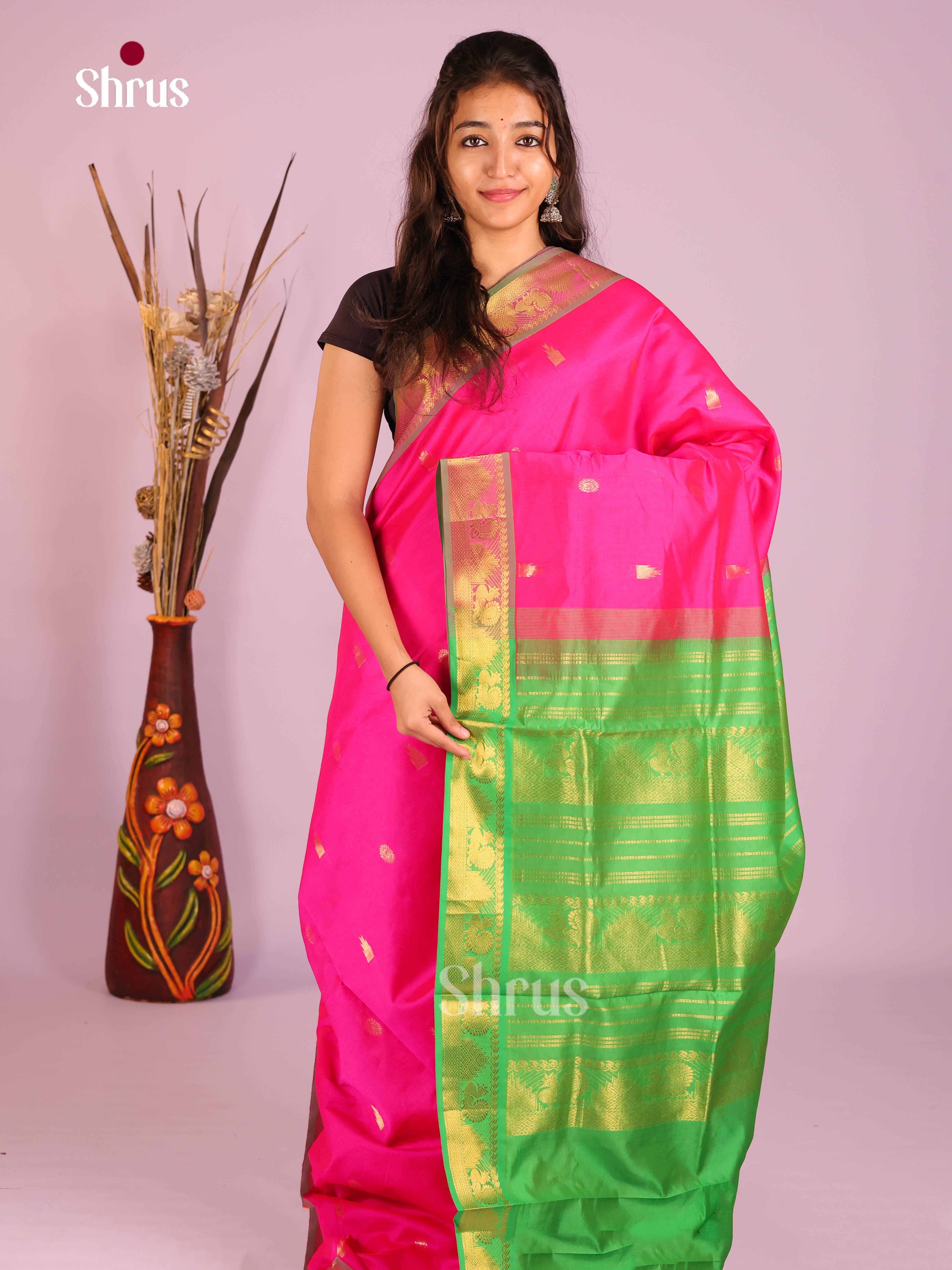 Pink & Green - Silkcotton-halfpure Saree - Shop on Shrus.com