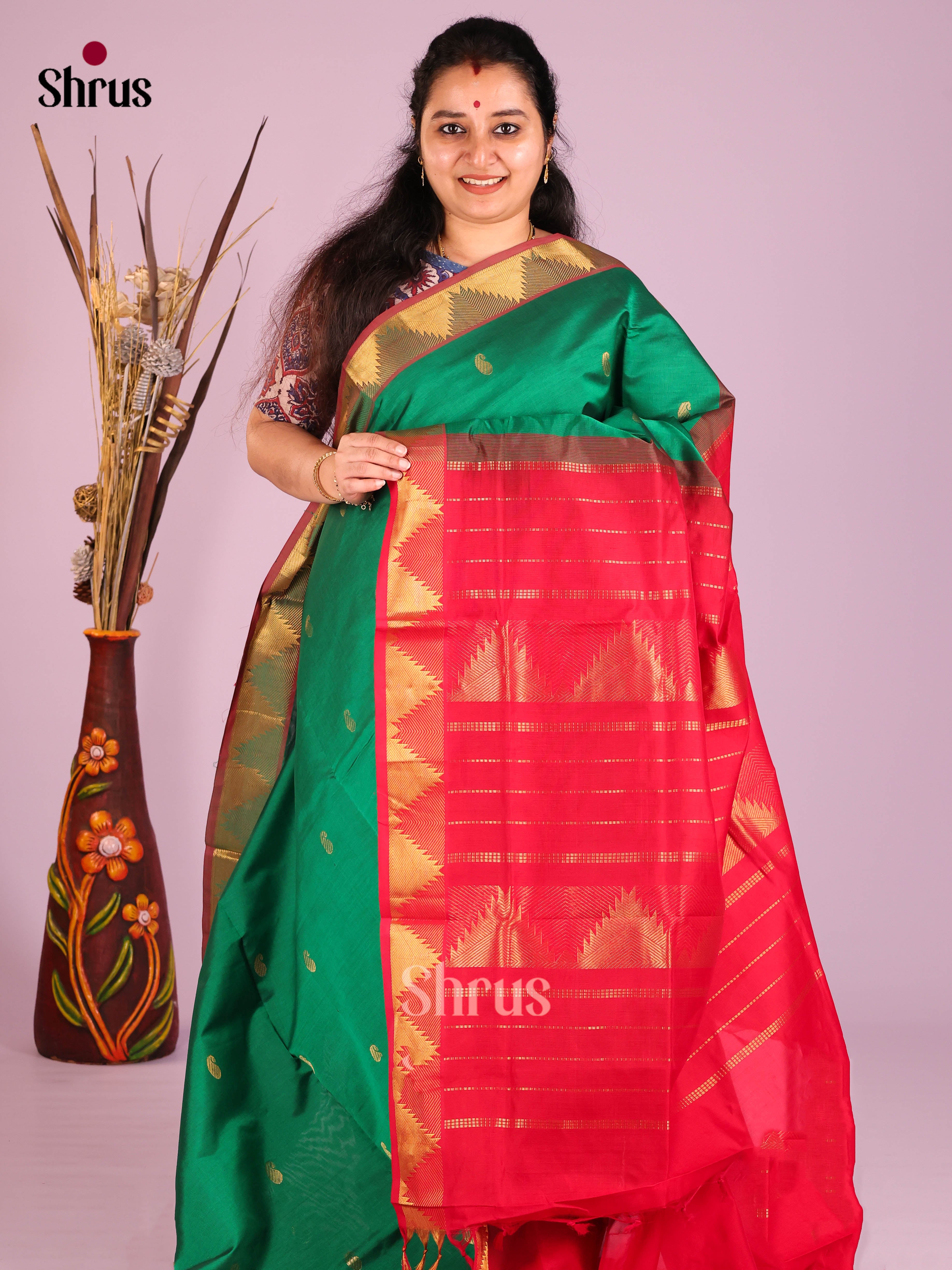 Green & Red - Silkcotton-halfpure Saree