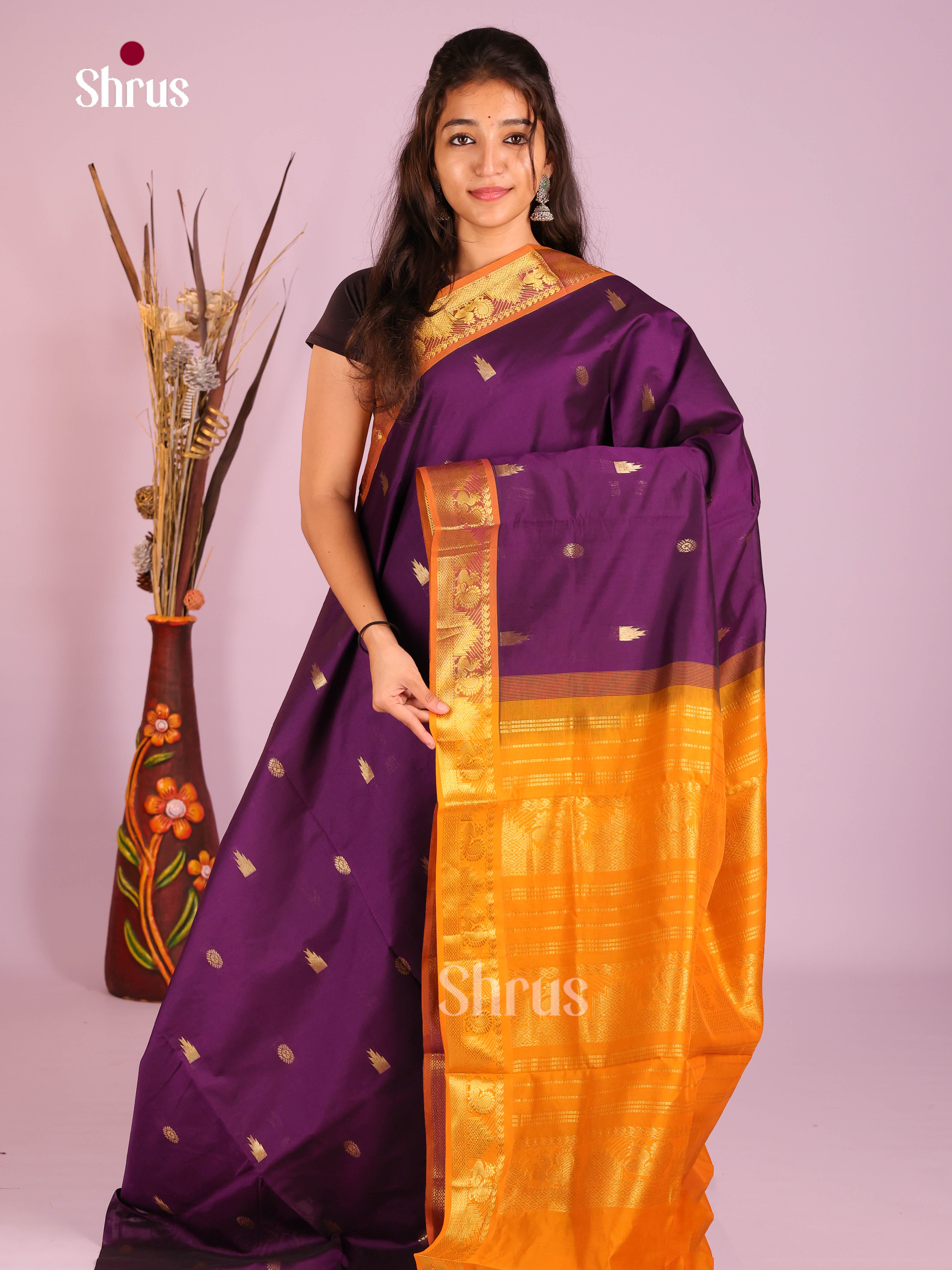 Violet & Mustard - Silkcotton-halfpure Saree