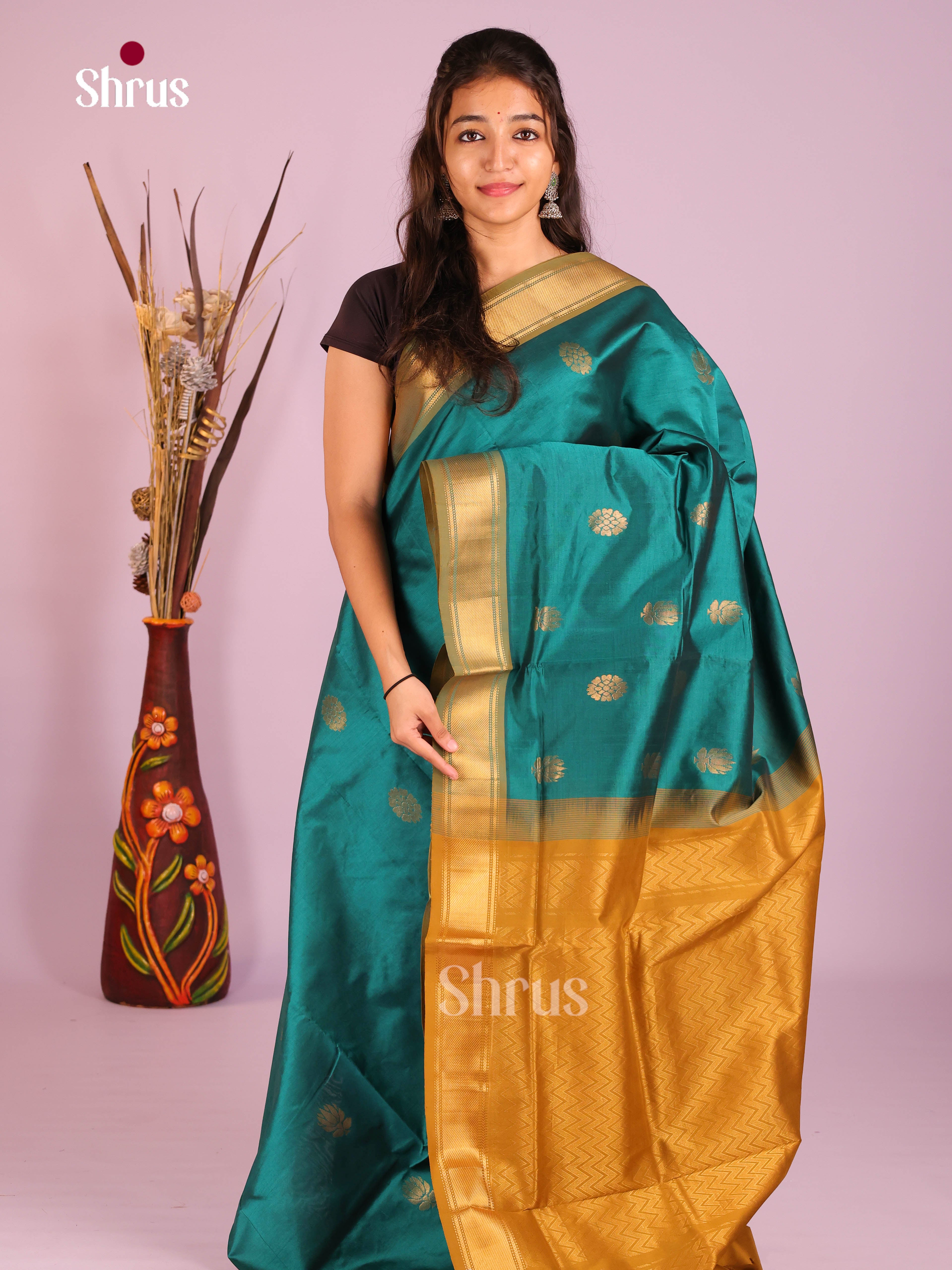 Peacock Blue & Mustard - Silkcotton-halfpure Saree - Shop on Shrus.com